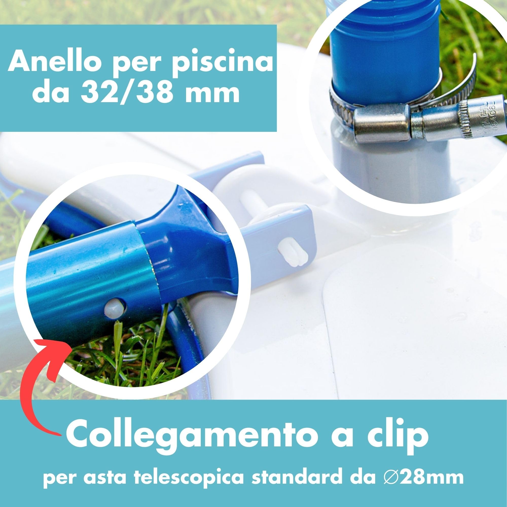 Amapool Basics Set 2 Pezzi Aspirafango per Piscina con 8 Setole | Spazzola fondo extra pesante con attacco clip-on per tubi Ø 32/38 mm e aste da 28 mm, ideale per piscine fuori terra.