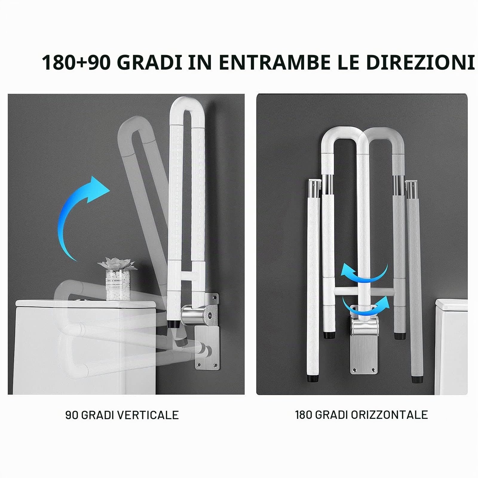 Maniglione Ribaltabile Bagno Wc,Corrimani Antiscivolo,Maniglia Di Supporto Pieghevole Per Bagno,con Gambe,Maniglione Con Un Anello Luminoso,rotazione Orizzontale Di 180° O Verticale Di 90°