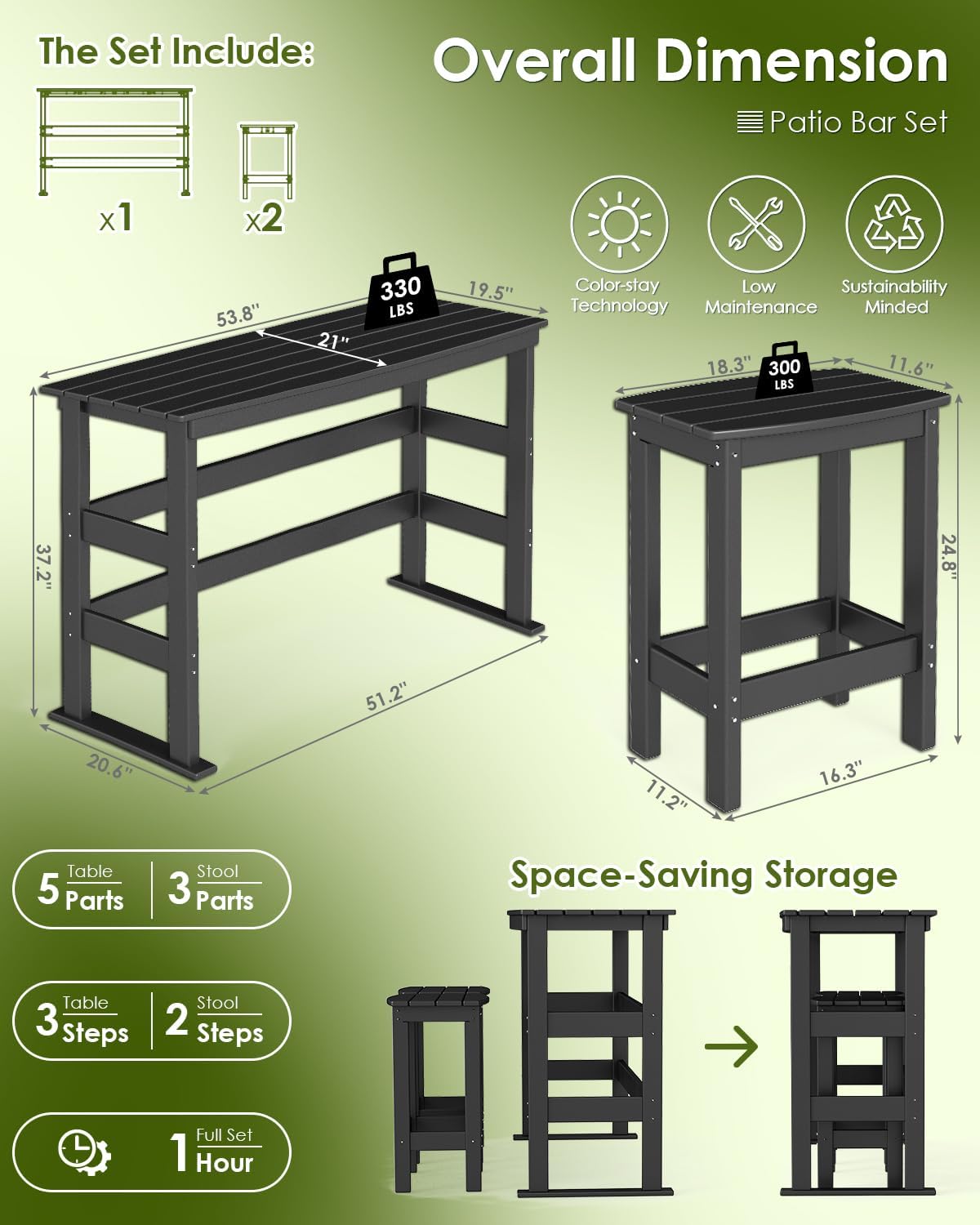 GREENVINES Outdoor-Bar-Set | HDPE Plastic | 3-Piece | 37" Counter Height Patio Table & 2 Backless Stools | Rectangle | High Top | All Weather | for Backyard Balcony Poolside | Black