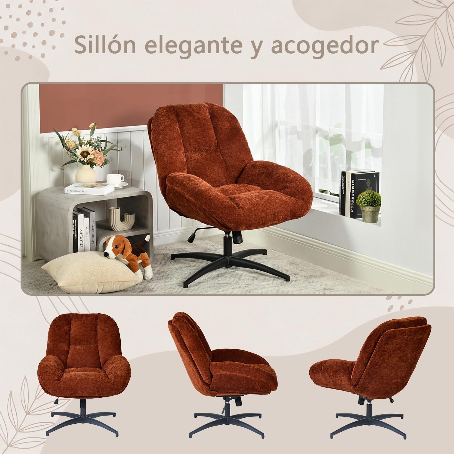 MEUBLE Cosy Sillón Giratoria Butaca de Salón con Altura Ajustable Función de Inclinación, Silla Lectura con Tapizado en Tela de Chenilla, Rojo