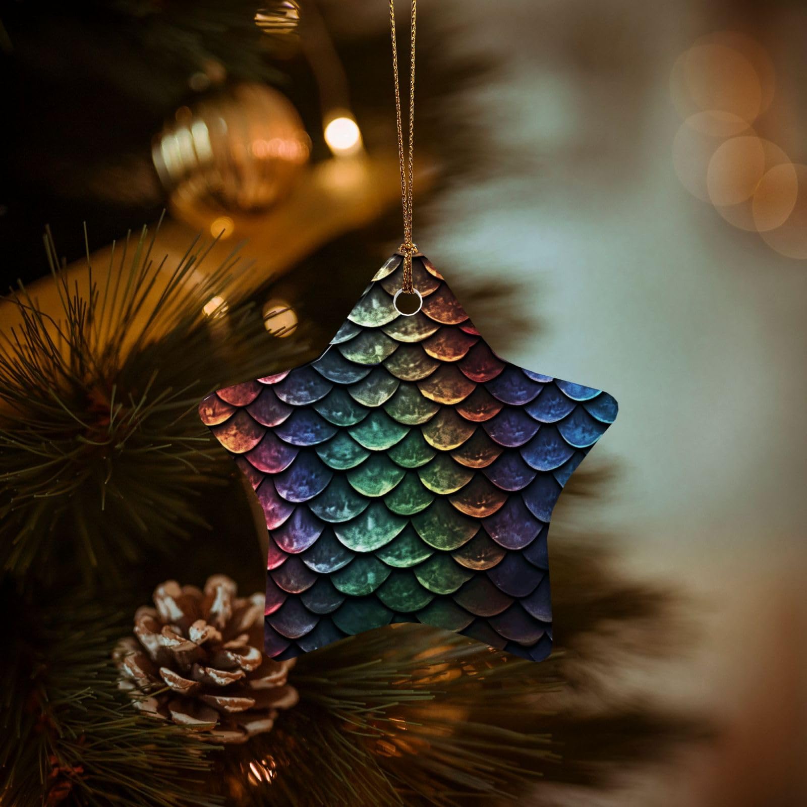 Christmas Ornaments for Christmas Tree Decoration Hanging Dragon Scale Ornament with Gold Ribbon Crafts Star Shape Ceramic Pendant for Keepsake Gifts Xmas Decor Party Supplies