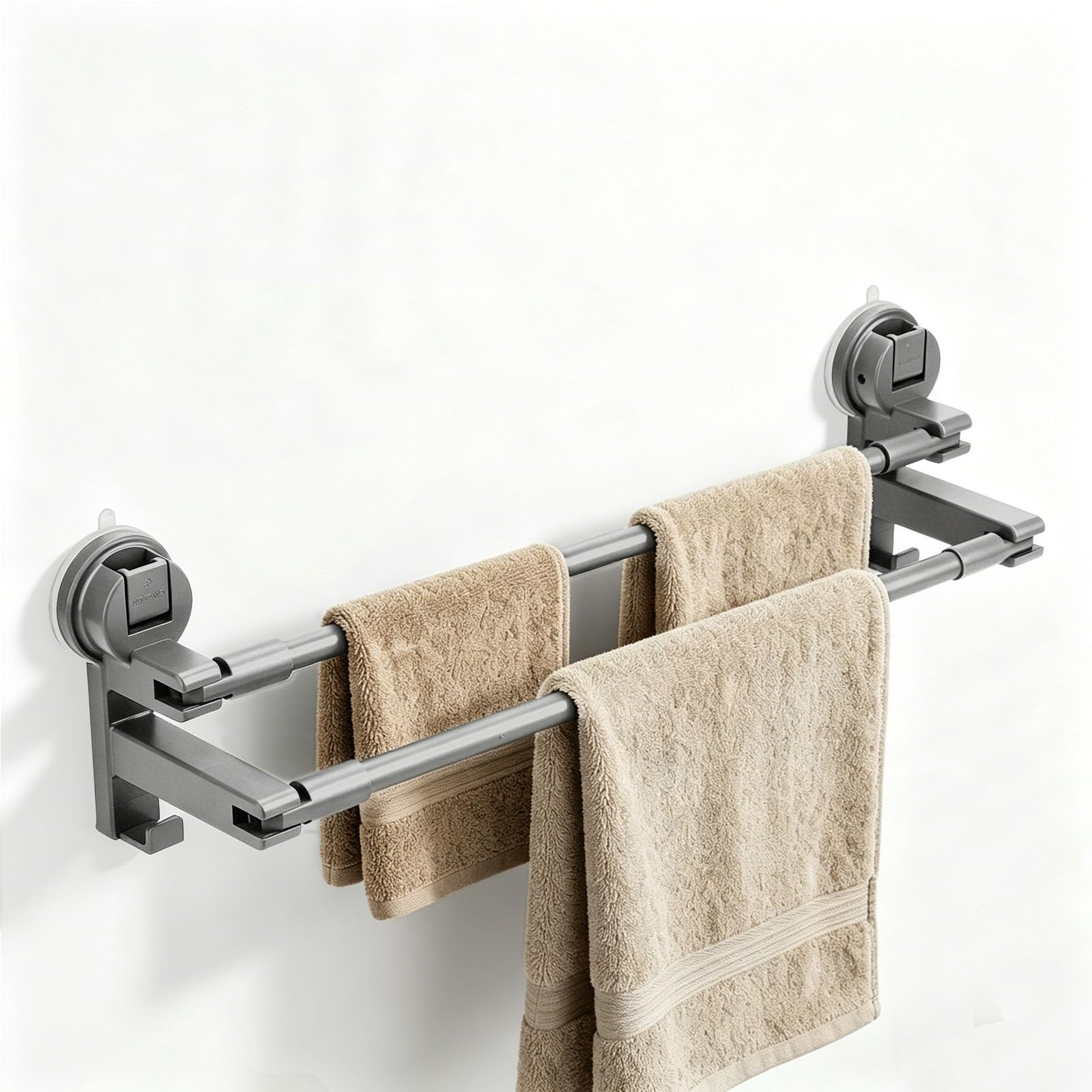 GAESHOW Towel Rail No Drilling Double Bar Suction Cup Wall Mount Bathroom Towel Rack with 2 Towel Hooks for Bathroom Kitchen Extendable 52-90cm