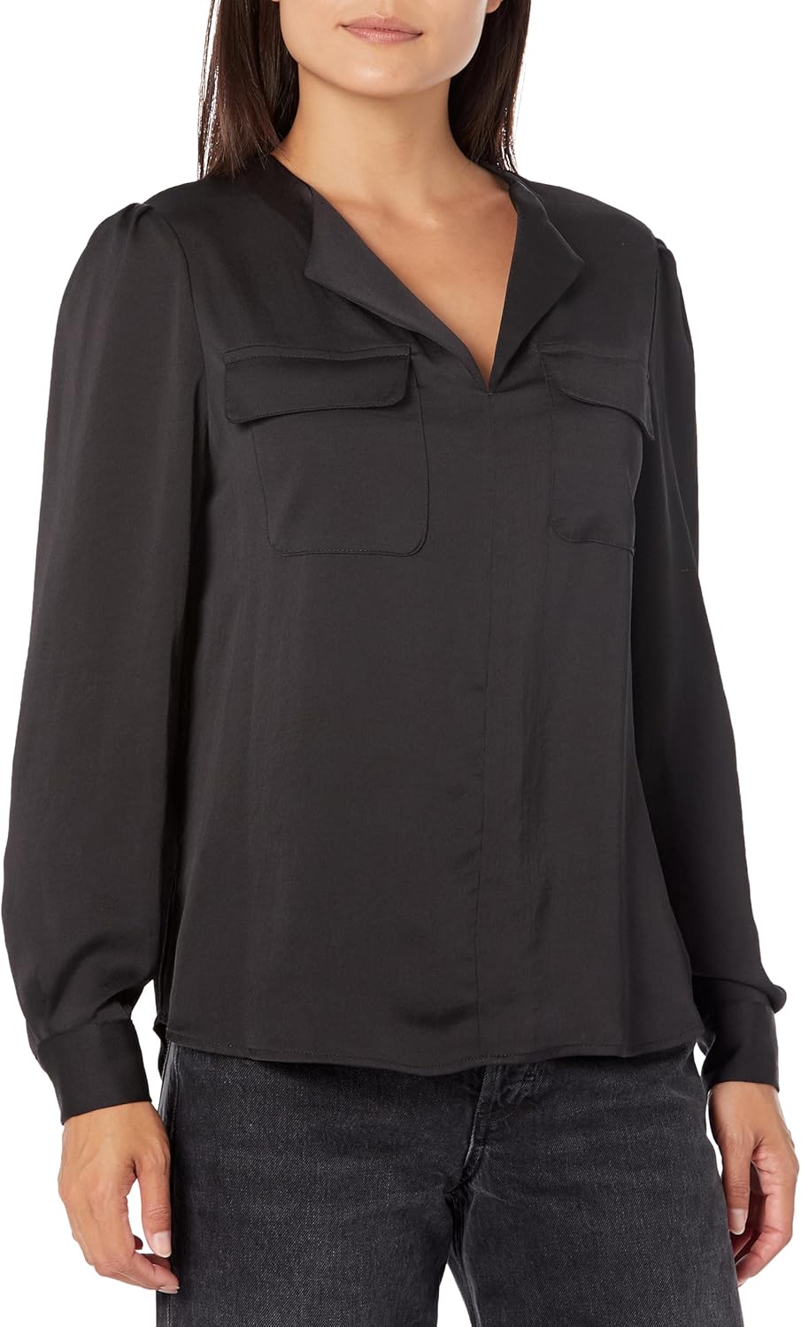 Jones New York Womens Split Neck Textured Utility Blouse - Black