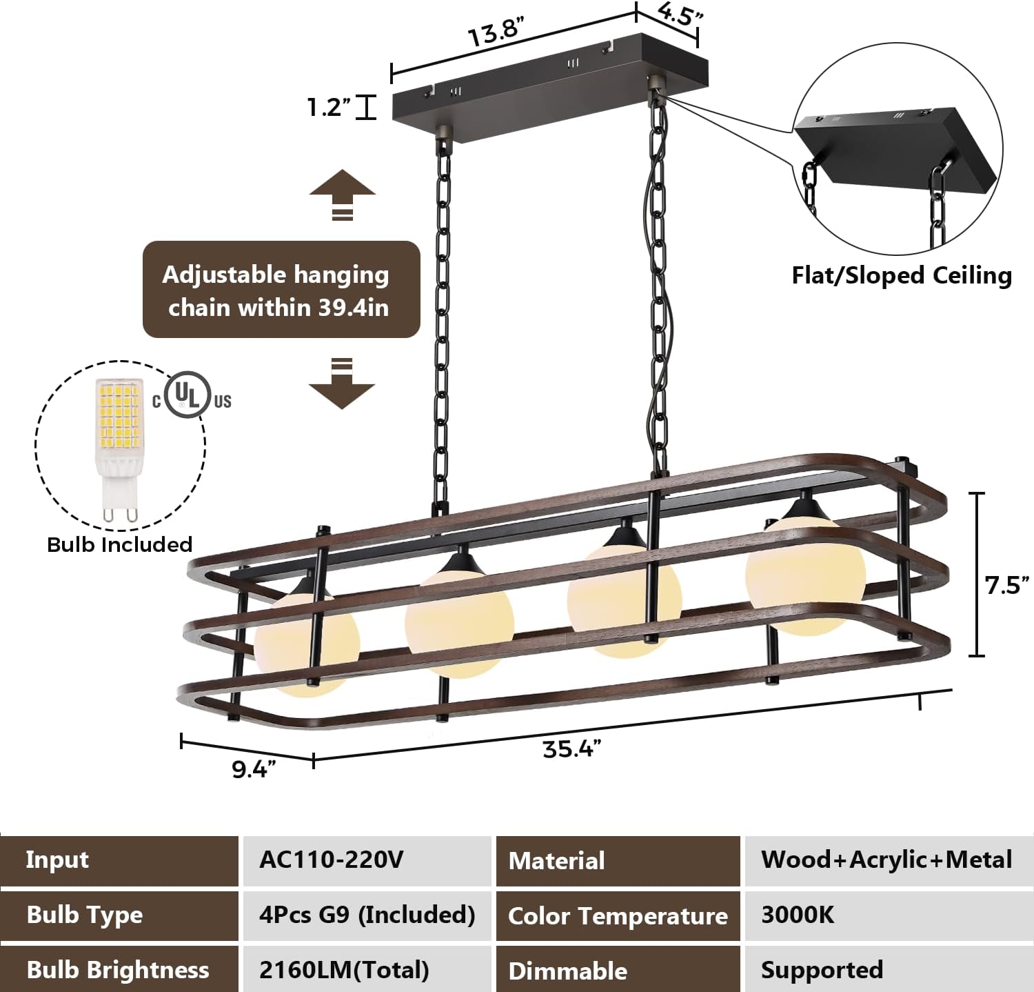 35.4" Farmhouse Dining Room Light Fixture, 4-Light Kitchen Island Lighting, Rustic Rectangular Chandeliers for Kitchen Island, Wood Linear Pendant Light Over Table