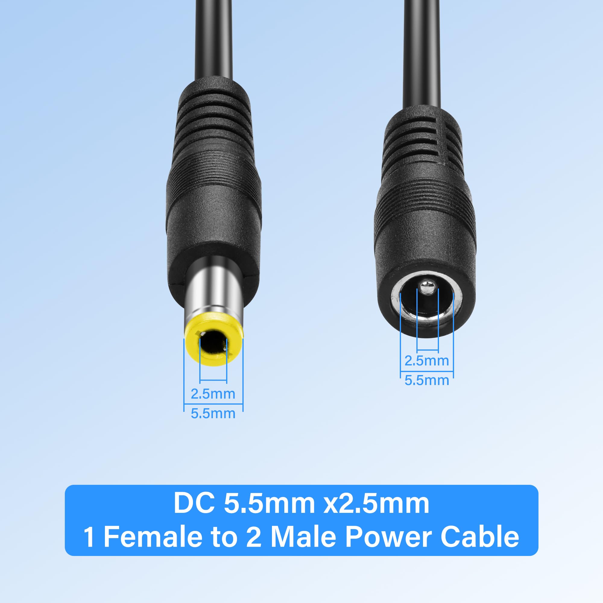 2-pak DC 5,5 x 2,5 mm 1 żeński na 2 męski kabel rozdzielacza zasilacza, kabel adaptera rozdzielacza Y, do kamer CCTV, DVR, listwa świetlna LED (0,3 m)