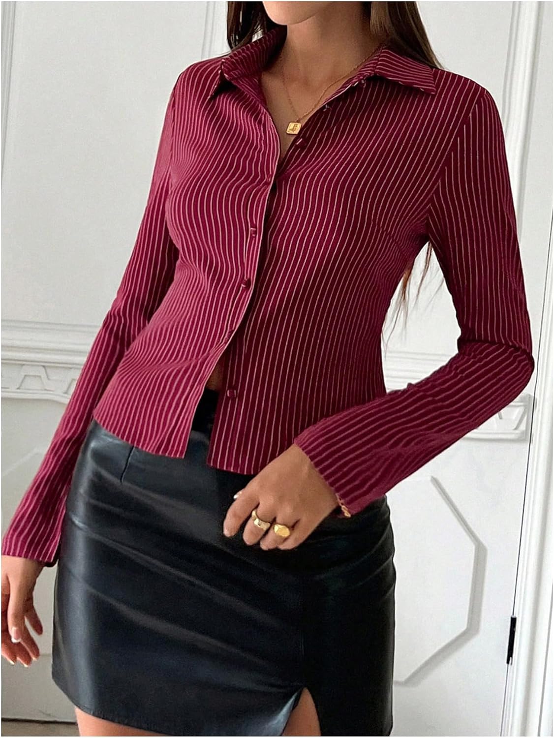 SweatyRocks Women's Striped Collar Long Sleeve Slim Fit Button Down Shirts Work Blouse - Image 4
