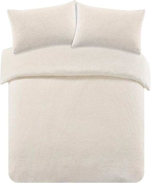 Brentfords Teddy Fleece Duvet Cover with Pillow Case Thermal Fluffy Warm Soft Bedding Set, Cream Beige - Double