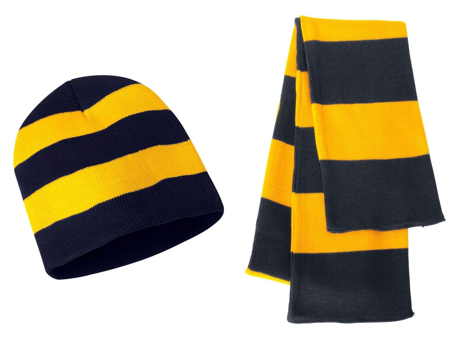Knit Collegiate Rugby Stripe Winter Scarf & Beanie Hat Set - Assorted Colors Navy/Gold AD-image-2