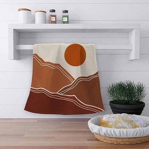 Miniatura 3 de Juego de 2 paños de cocina absorbentes estilo bohemio con diseño de sol amanecer y sol, montañas y montañas, toallas de mano para decoración de