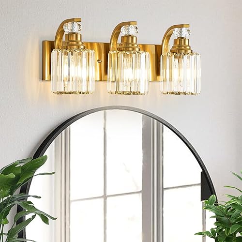 Refice Lámpara de tocador de baño de cristal de 3 luces, accesorios modernos para baño, apliques de pared con acabado de latón cepillado dorado