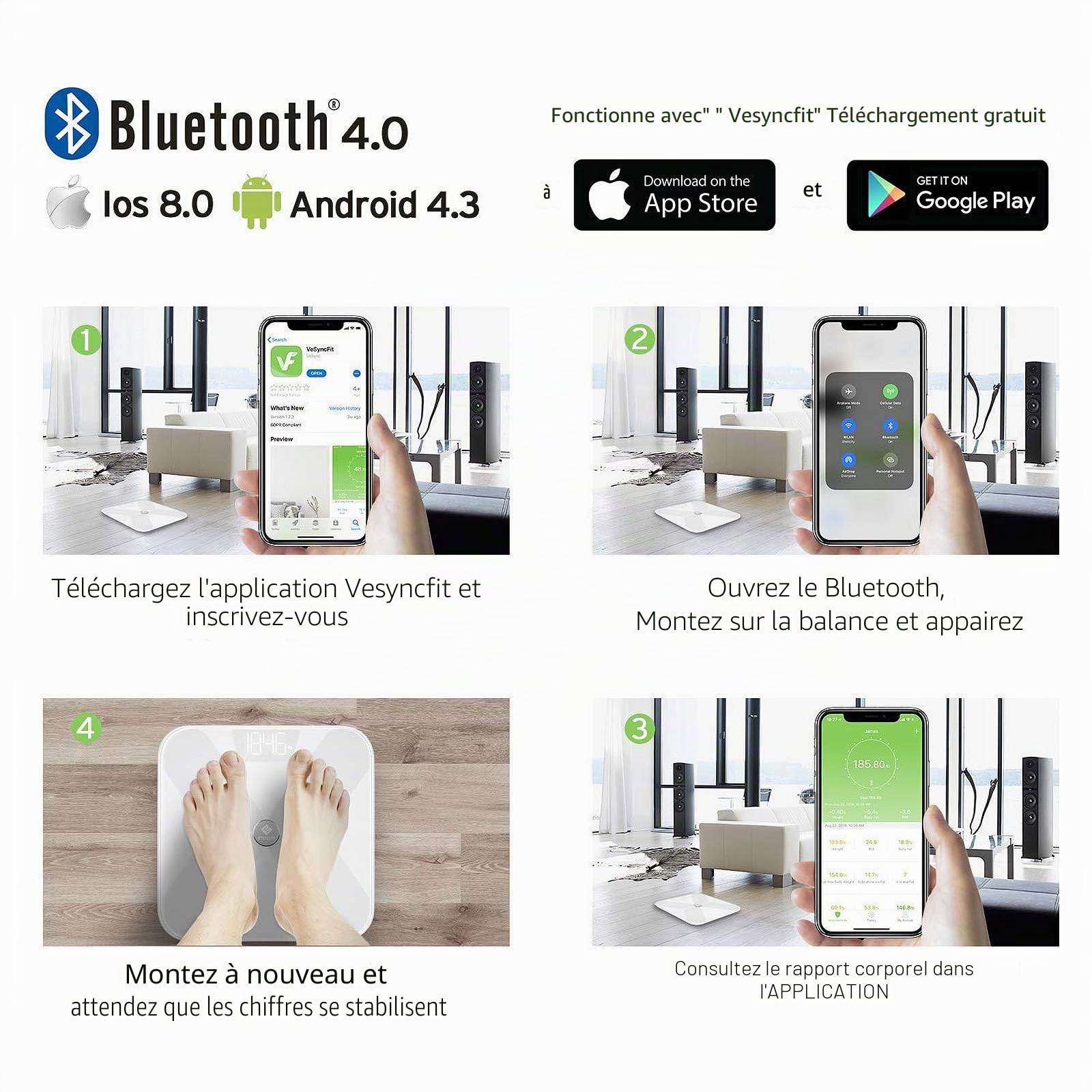 Etekcity Pèse Personne Impédancemètre, Balance Connectée, Pèse Personne Connecté Bluetooth Electronique, 13 Donneés Corporelles(Graisse/Eau/Osseux), Verre Conducteur ITO, Grande plate-forme 31x31 cm