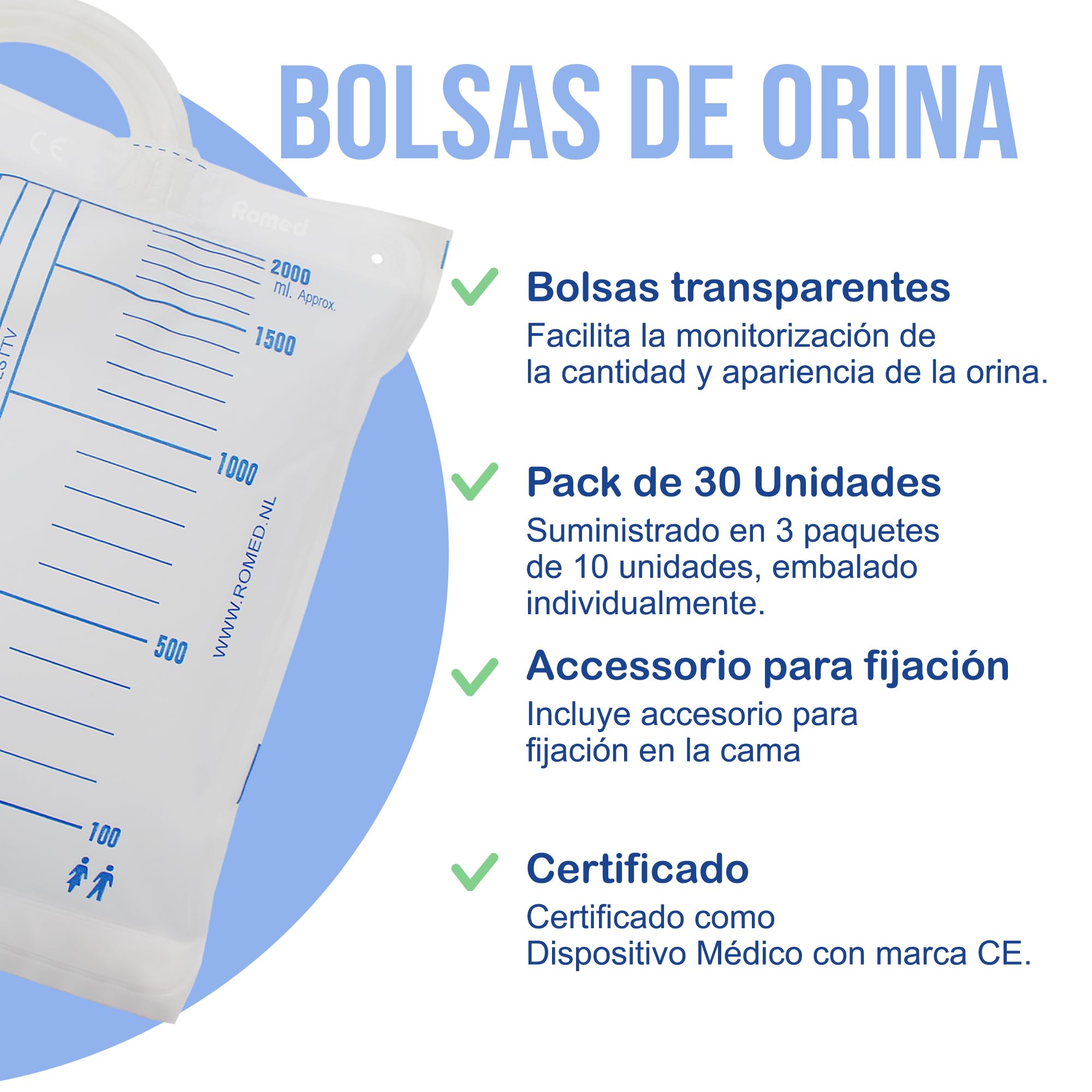 ROMED Bolsas de Orina 2 Litros Transparentes - Pack de 30 Unidades | Colector Urinario con Tubo Flexible de 90 cm y Válvula Anti-Reflujo | Diseñadas para Incontinencia en Hombre y Mujer