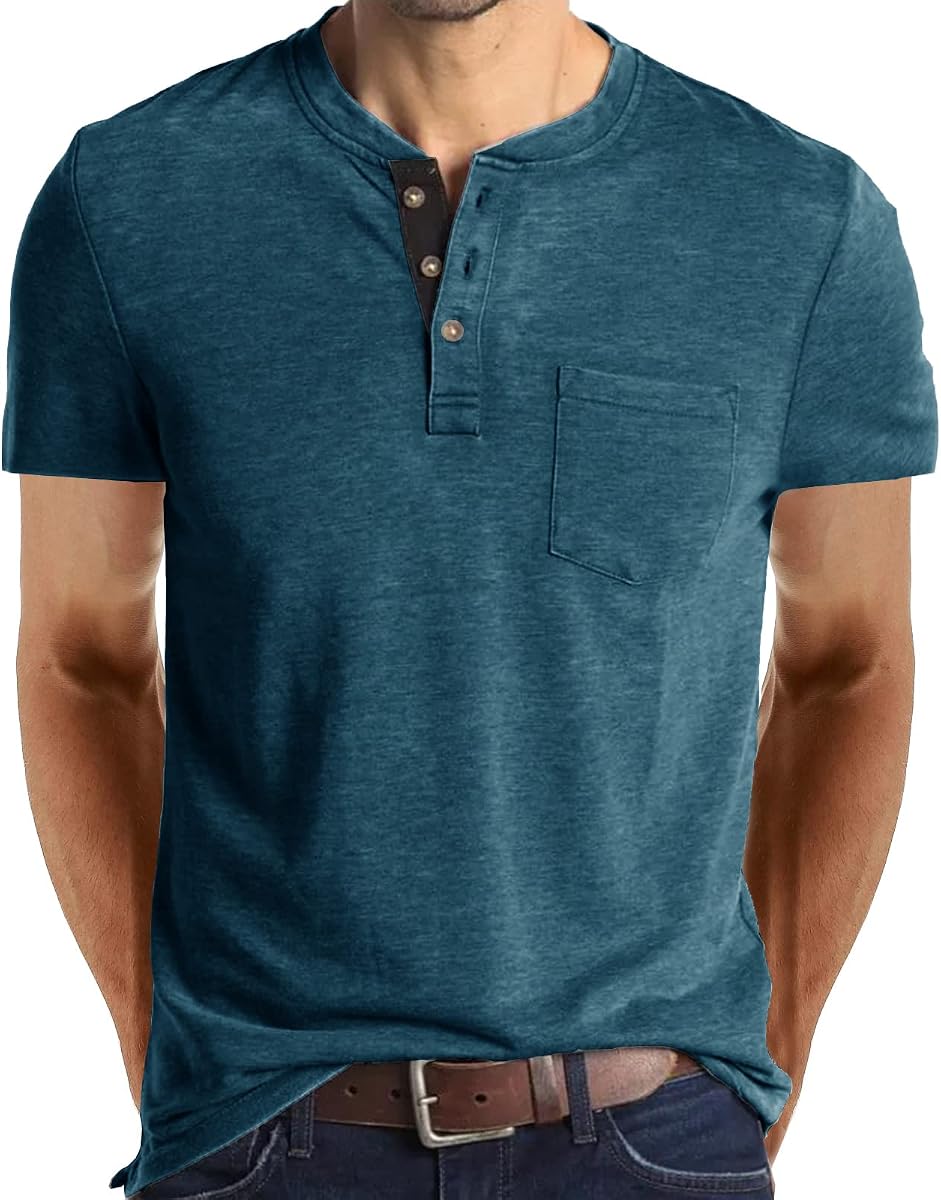Uposiut Mens Henley Shirts Long/Short Sleeve T-Shirt with 3 Button Placket Chest Pocket Casual Tee
