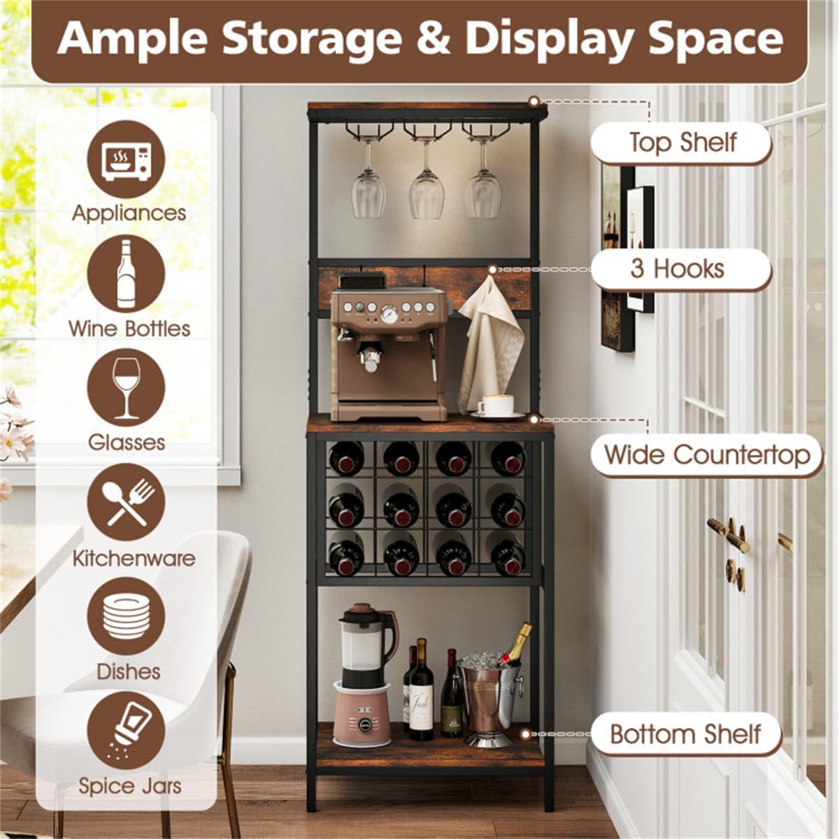 Bakers Rack with Storage, Microwave Stand with Wine Rack Freestanding Floor, Rustic Brown Coffee Bar Cabinet Organizer with Glass Hooks and Wine Racks for Kitchen Dining Room