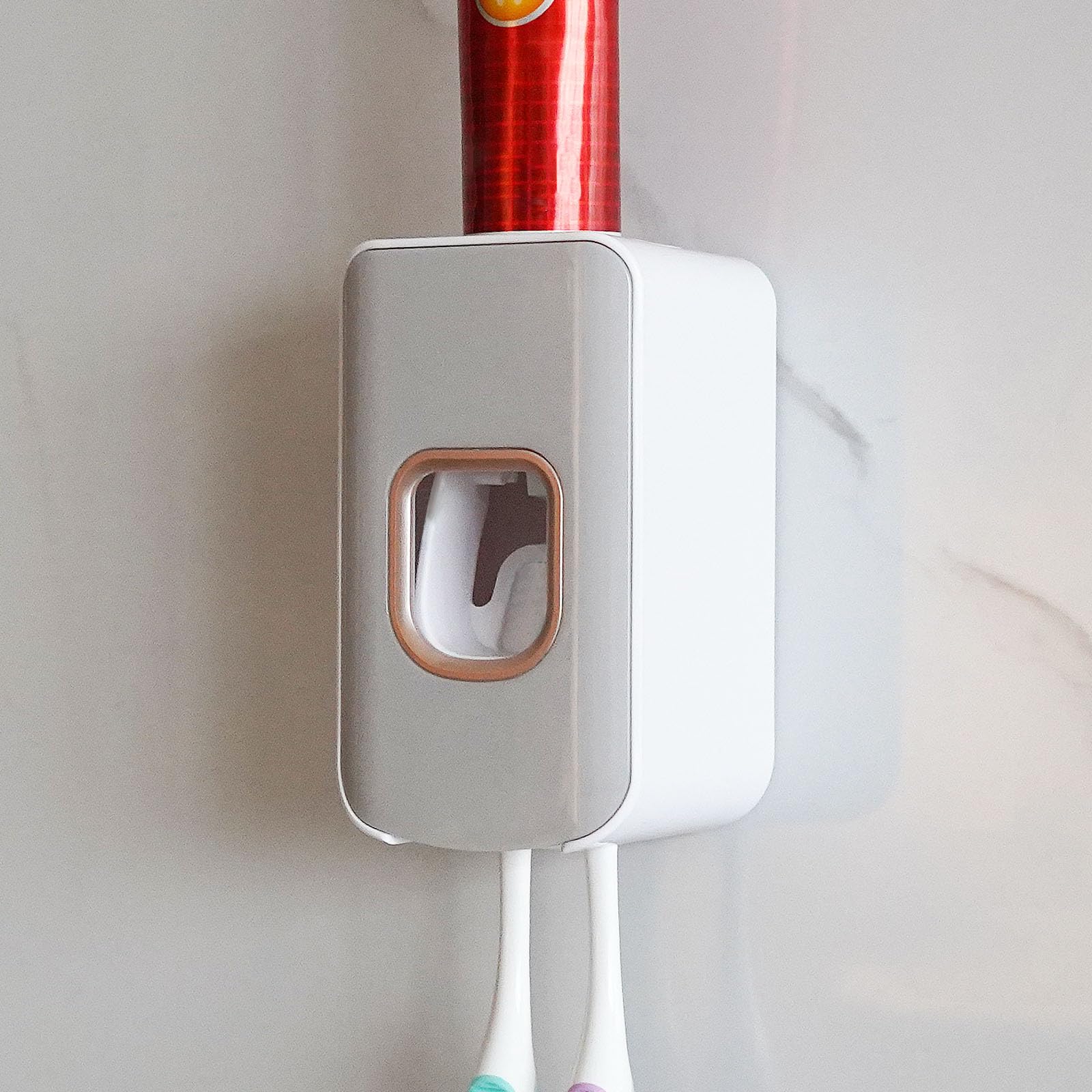 2 Slot Toothbrush Holder and Toothpaste Dispenser Wall Mounted, Automatic Toothpaste Squeezer - Image 2