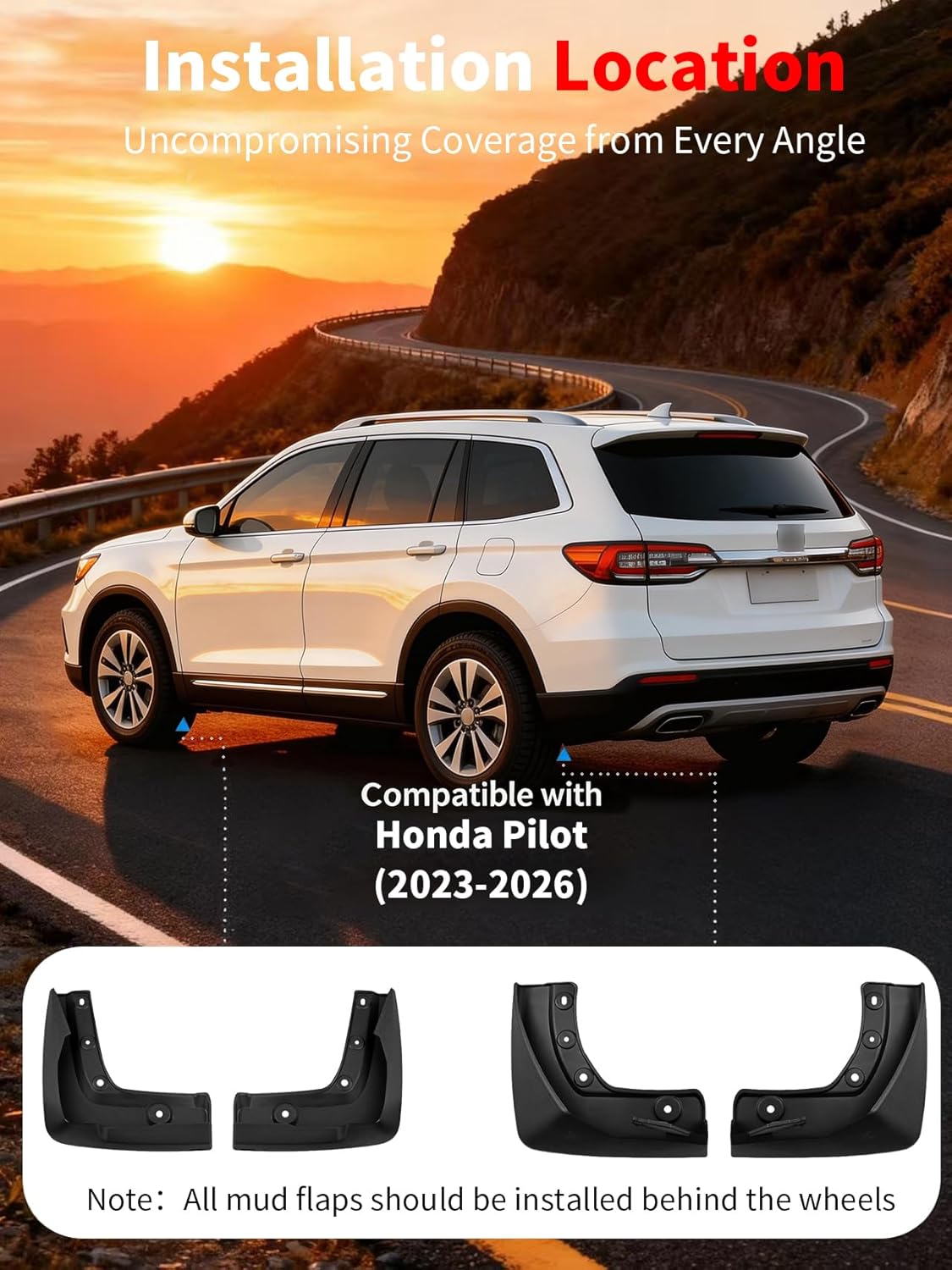 No Drill Mud Flaps for 2023-2026 Honda Pilot SUV, Heavy Duty Front & Rear All Weather Splash Guards Set for LX Sport EX-L Touring TrailsSport Elite Black Edition Models, OEM-Style Black Mud Guards