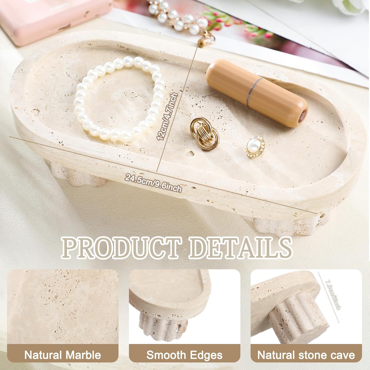 Natural Travertine Oval Tray with Legs 10 Inches Marble Tray for Bathroom Stone Countertop Decoration Organizer for Bathroom Vanity Bedroom Kitchen for Perfume Candles Jewelry Dish Decor
