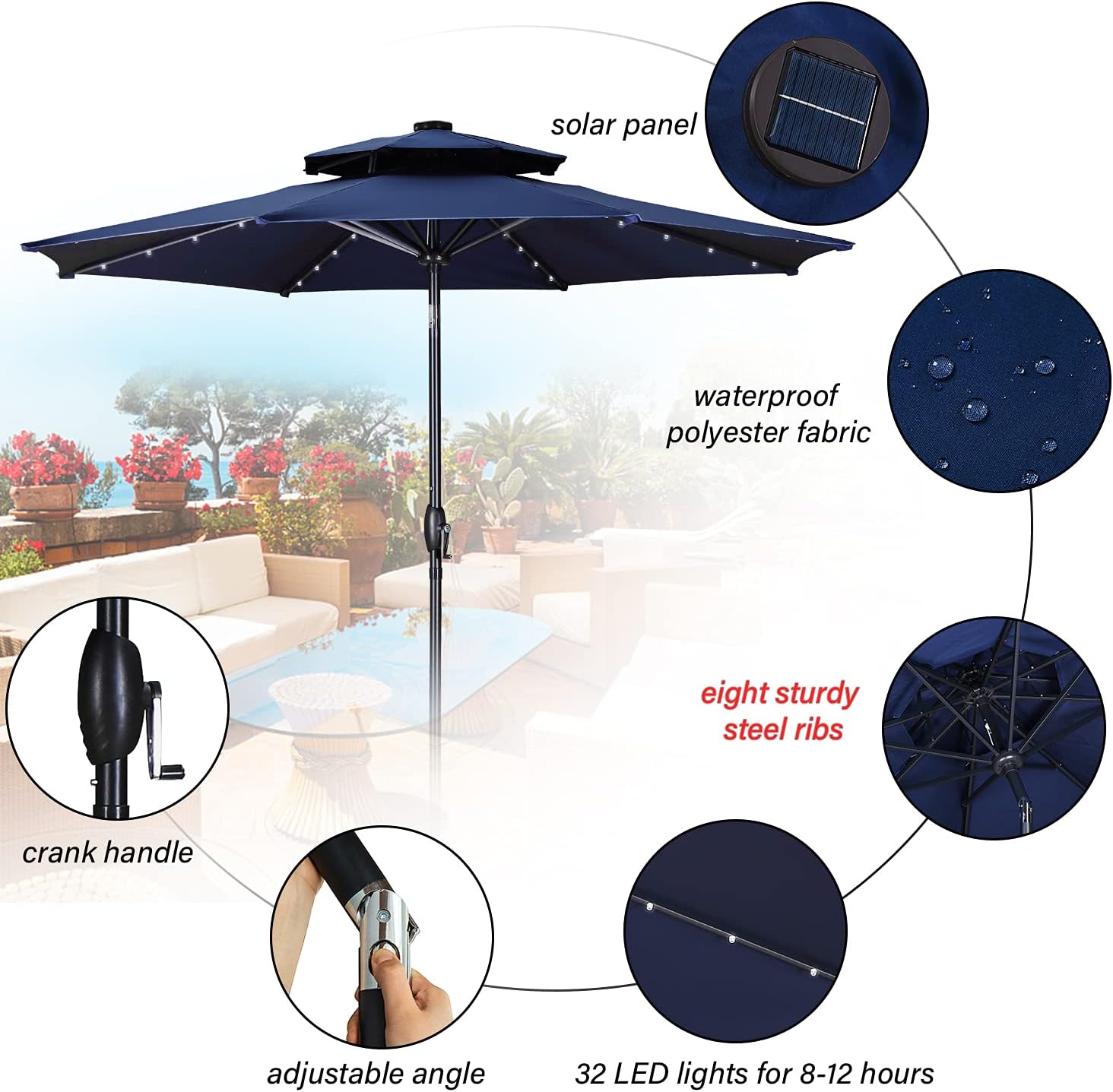 GDY 9 Ft 32 LED Lighted Patio Umbrella, 2 Tiers Vented Outdoor Patio Table Umbrellas with Tilt and Crank, 8 Sturdy Ribs