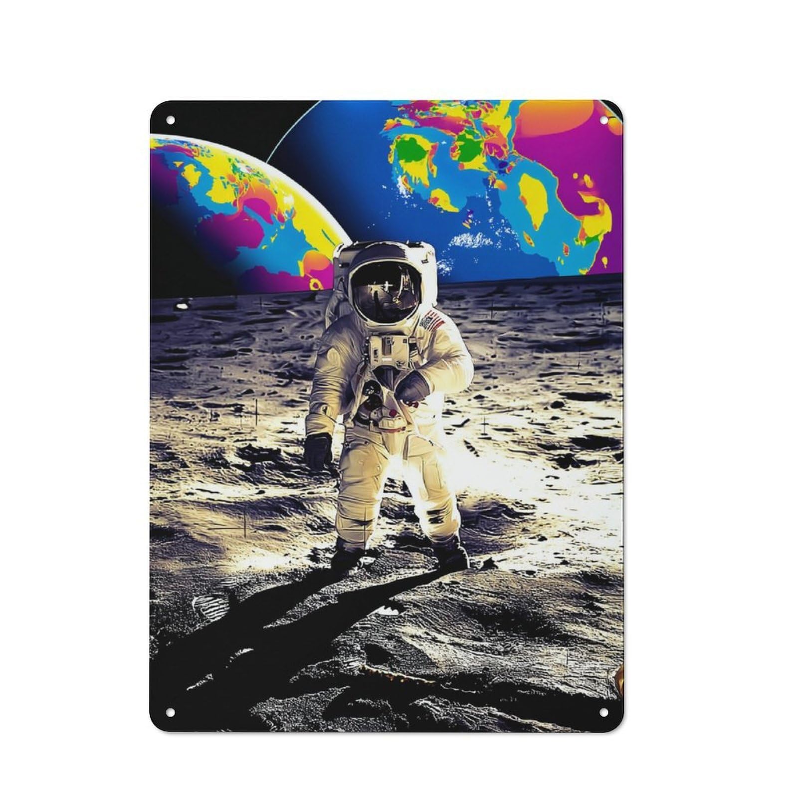 Junmoney Astronaut On The Moon With Earth In Backgroun D Rustic Metal Sign 40X30cm For Garage Wall, For Everyday Room Decor With A Rustic Look