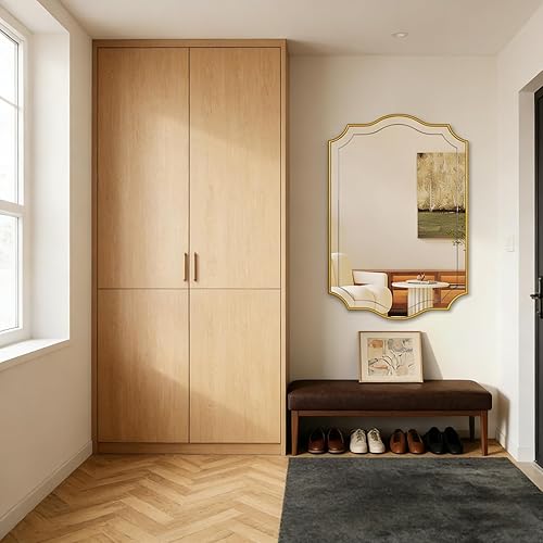 Miniatura 6 de POZINO Espejo de baño dorado, espejo rectangular moderno de 24 x 36 pulgadas para sobre el fregadero, espejos festoneados con marco de madera,