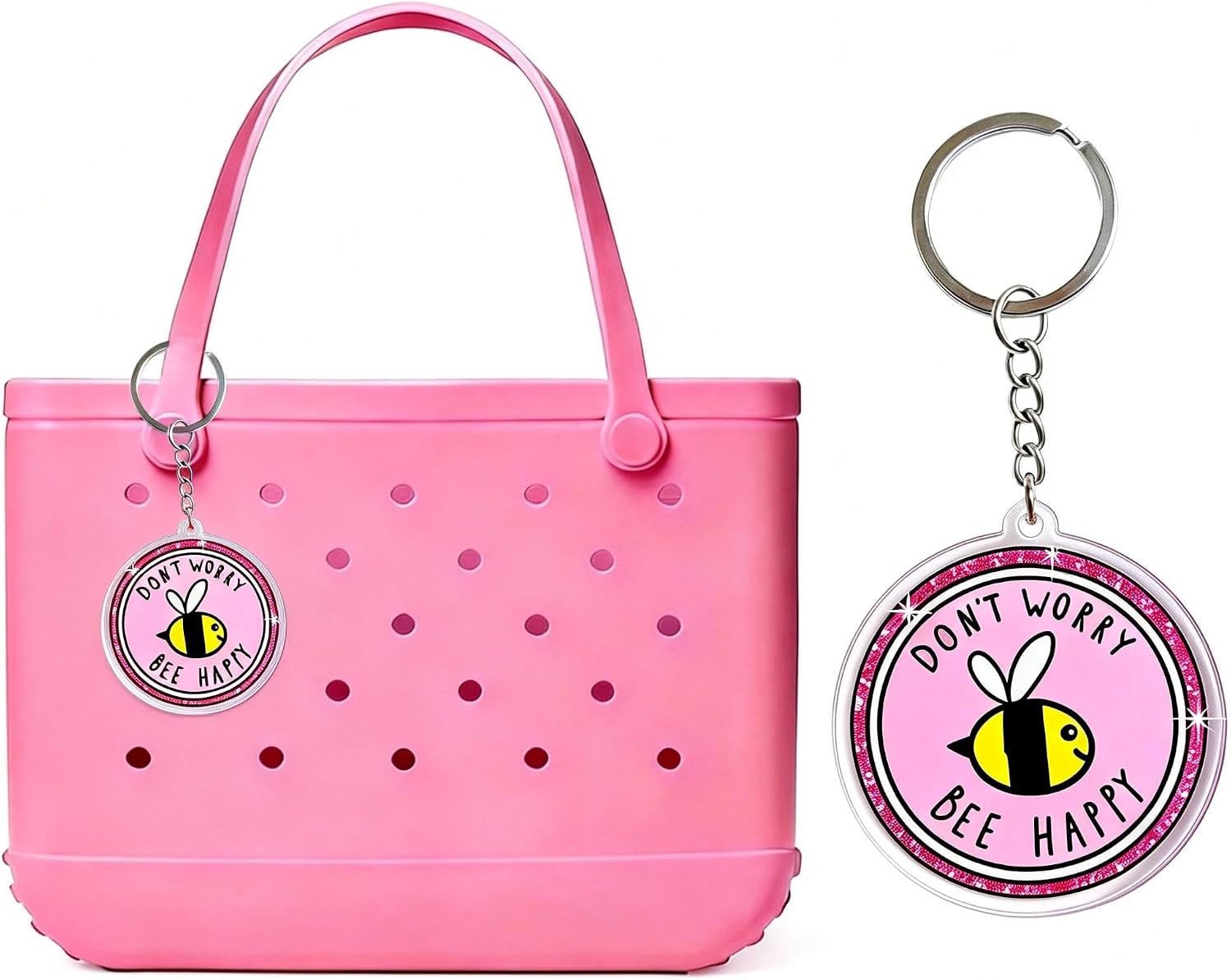 Don't Worry Bee Happy Keychain, Pink Acrylic Charm with Bee Design, Round Shape, 1.65 Inch, Split Ring Closure image 3