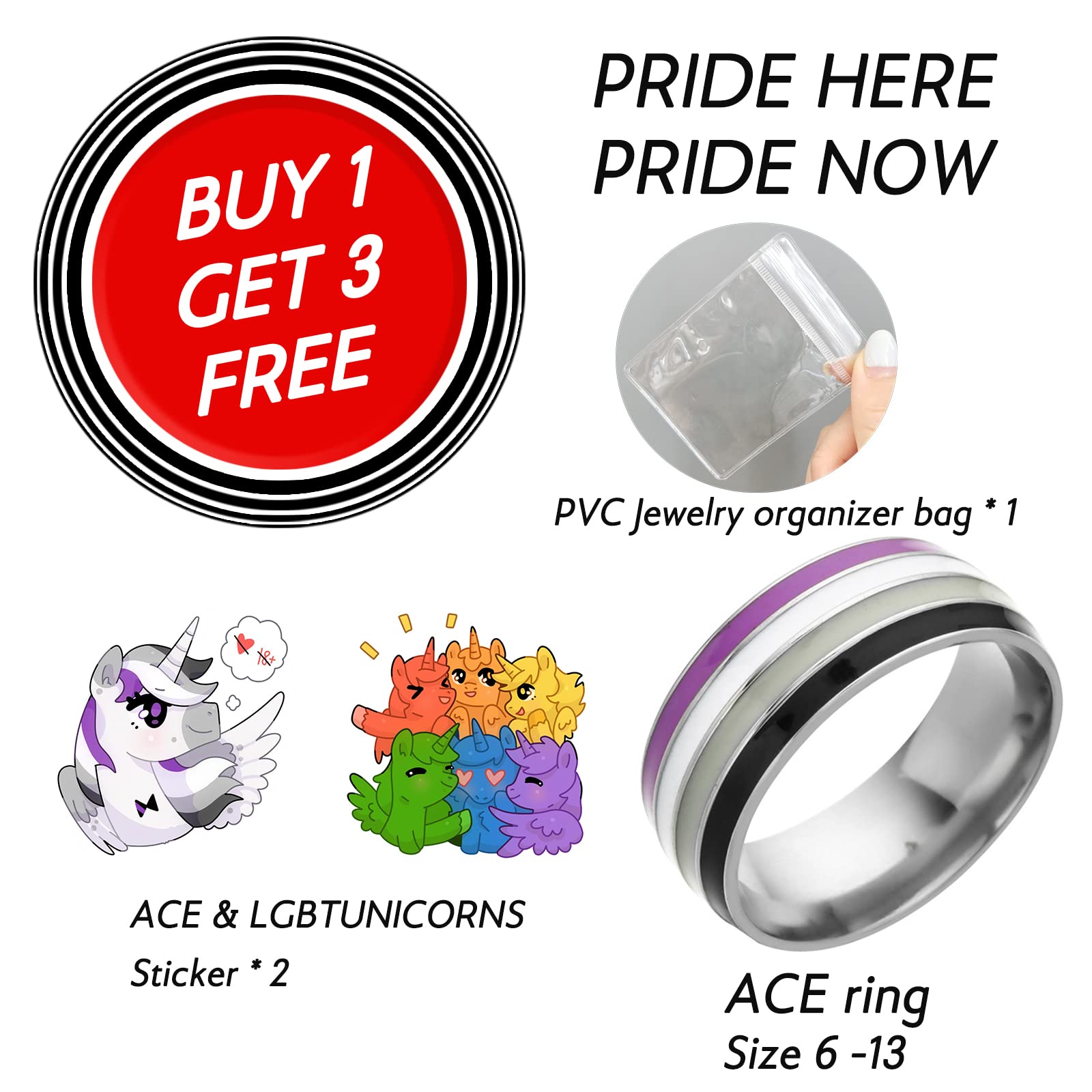 LGBT UNICORNS Anello asessuale Ace Pride in acciaio inox, misura 6-13