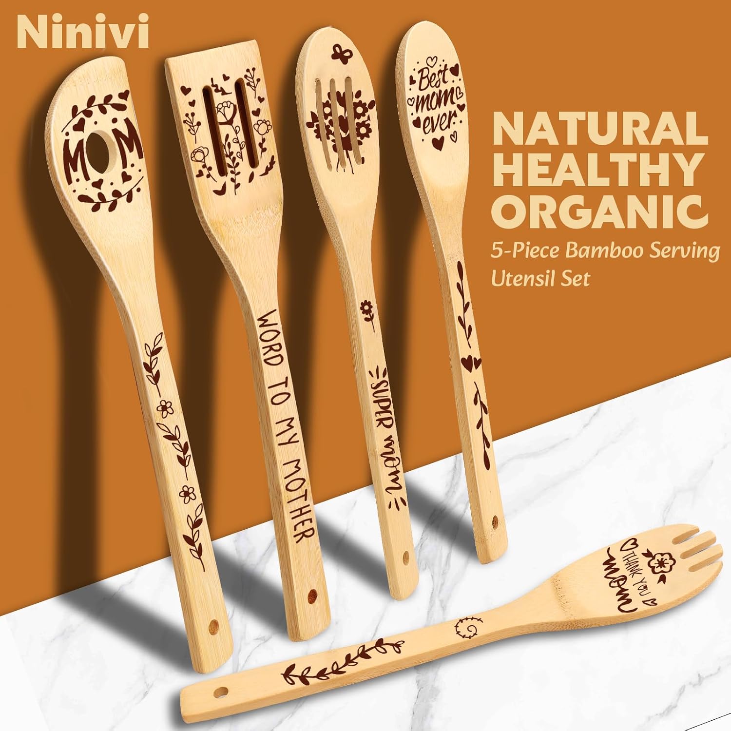 Mom Wooden Spoon, 5 Piece Super Mom Wooden Utensil for Cooking, Unique Carved Moms Wood Spatula Set for Grandma and Mother in Law, Birthday Gifts for Mom from Daughter and Son