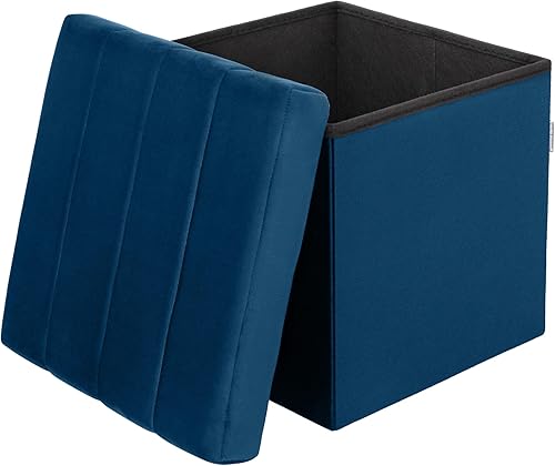 Miniatura 5 de Seville Classics Reposapiés otomano de tela acolchada, asiento acolchado para dormitorio, dormitorio, loft, sala de estar, entrada, pasillo, Azul