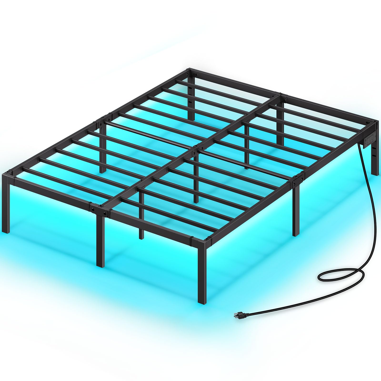 Rolanstar Bed Frame with USB Charging Station, Full Bed Frame with LED Lights, Platform Bed Frame with Heavy Duty Steel Slats, 14" Storage Space