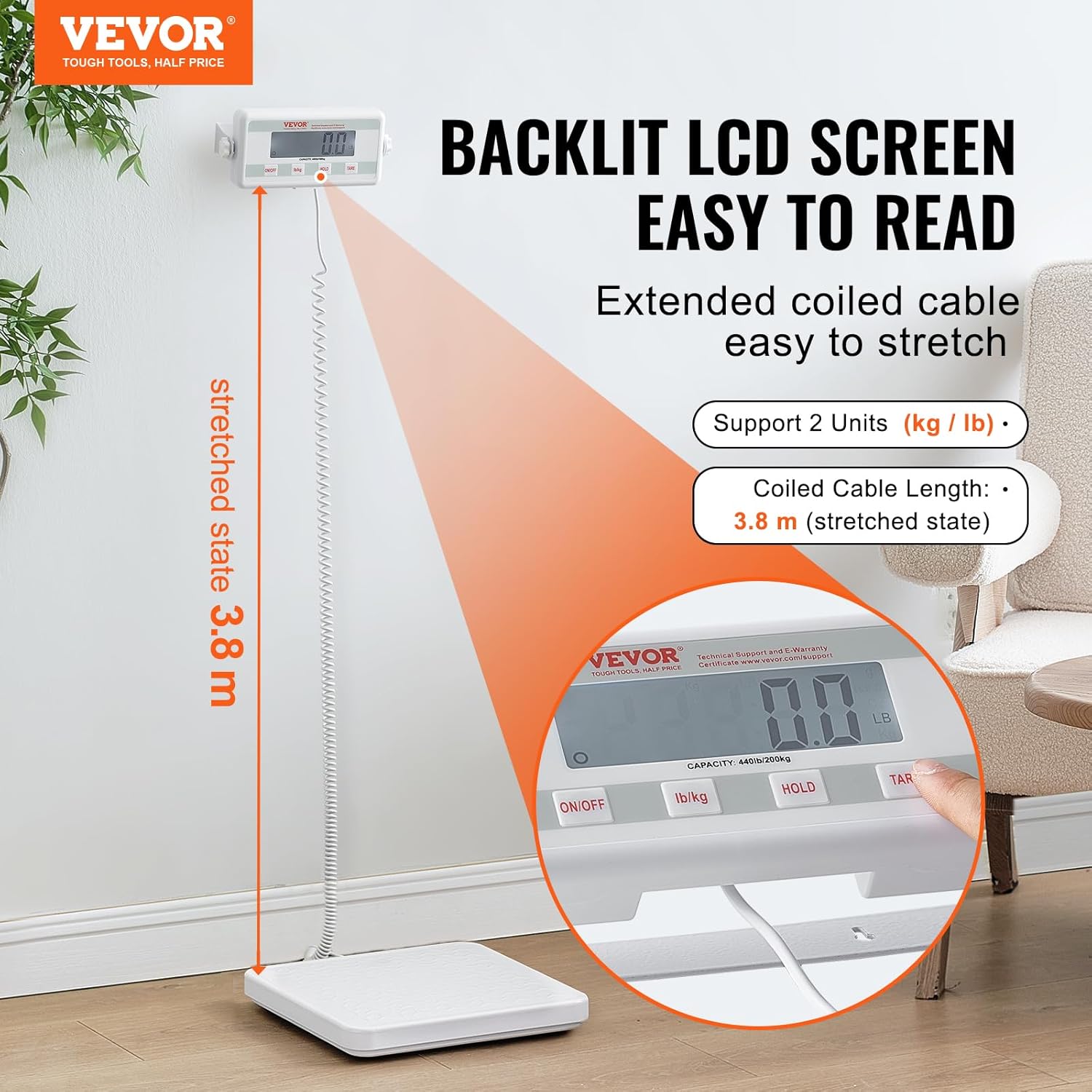 VEVOR Portable Medical Scale, Professional Digital Physician Scale for Weighing - with Anti-slip Platform, 2 Units, Hold & Tare Function, 440LBS Capacity Physician Weight Scale for Gyms Homes Hospital Stainless Steel image 2 of 10 B0DH1S92S4