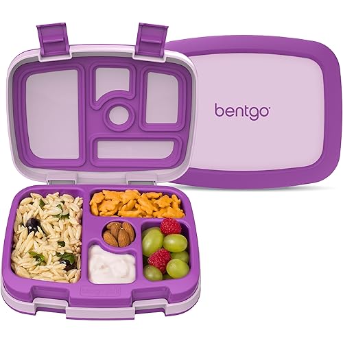 Bentgo Kids Bento-Style 5-Compartment Leak-Proof Lunch Box - Just-Right Portions for Ages 3 to 7, Durable, Drop-Proof, Dishwasher Safe, PFAS & BPA-Free & Made with Food-Safe Materials (Purple)