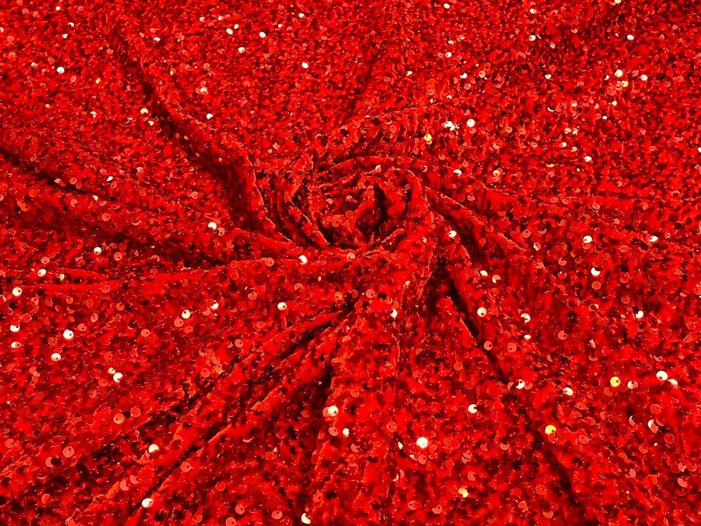 New Creations Fabric & Foam Inc, 54" Stretch Velvet with Luxury Sequins All Over 5mm Shining Sequins 2-Way Stretch (Red, 1 Yard)