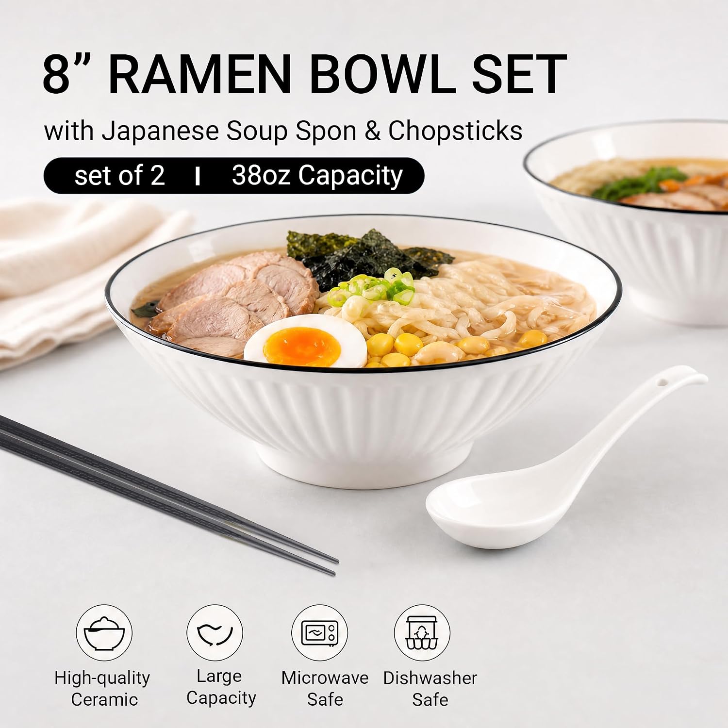 8" Ramen Bowl Set with Japanese Soup Spoon Chopsticks, 38oz Set of 2 Large Ceramic Noodle Bowl for Asian Wonton Udon Pho，Microwavable & Dishwasher safe