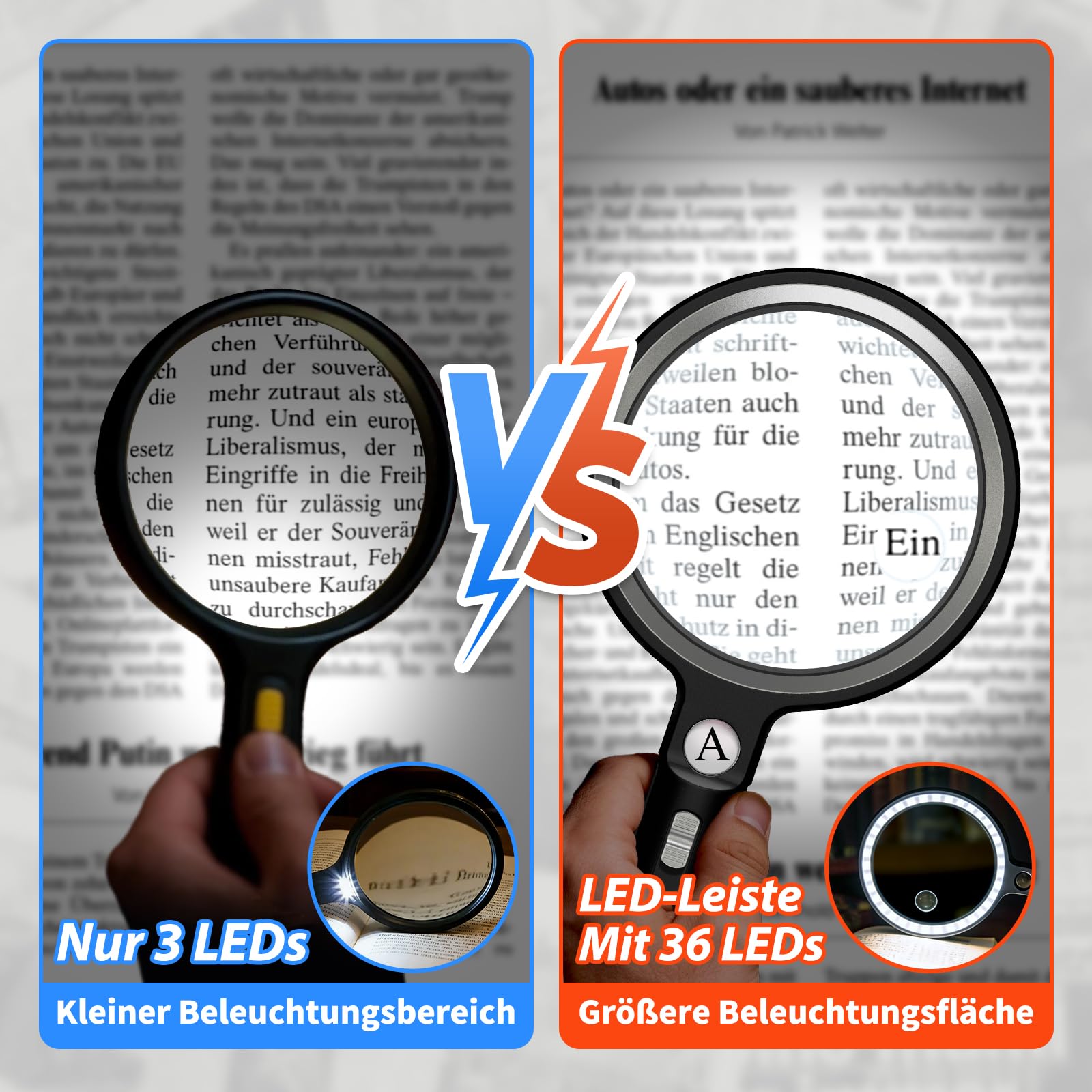 CNARIO Lupe mit 36 LEDs, 10X 20X 45X Leselupe & UV-Licht, 12.5cm Extra Große Handlupe Batteriebetrieben, Vergrößerungsglas für Senioren, Lesen, Münzen, Schmuck. Premium Geschenkbox, Schwarz