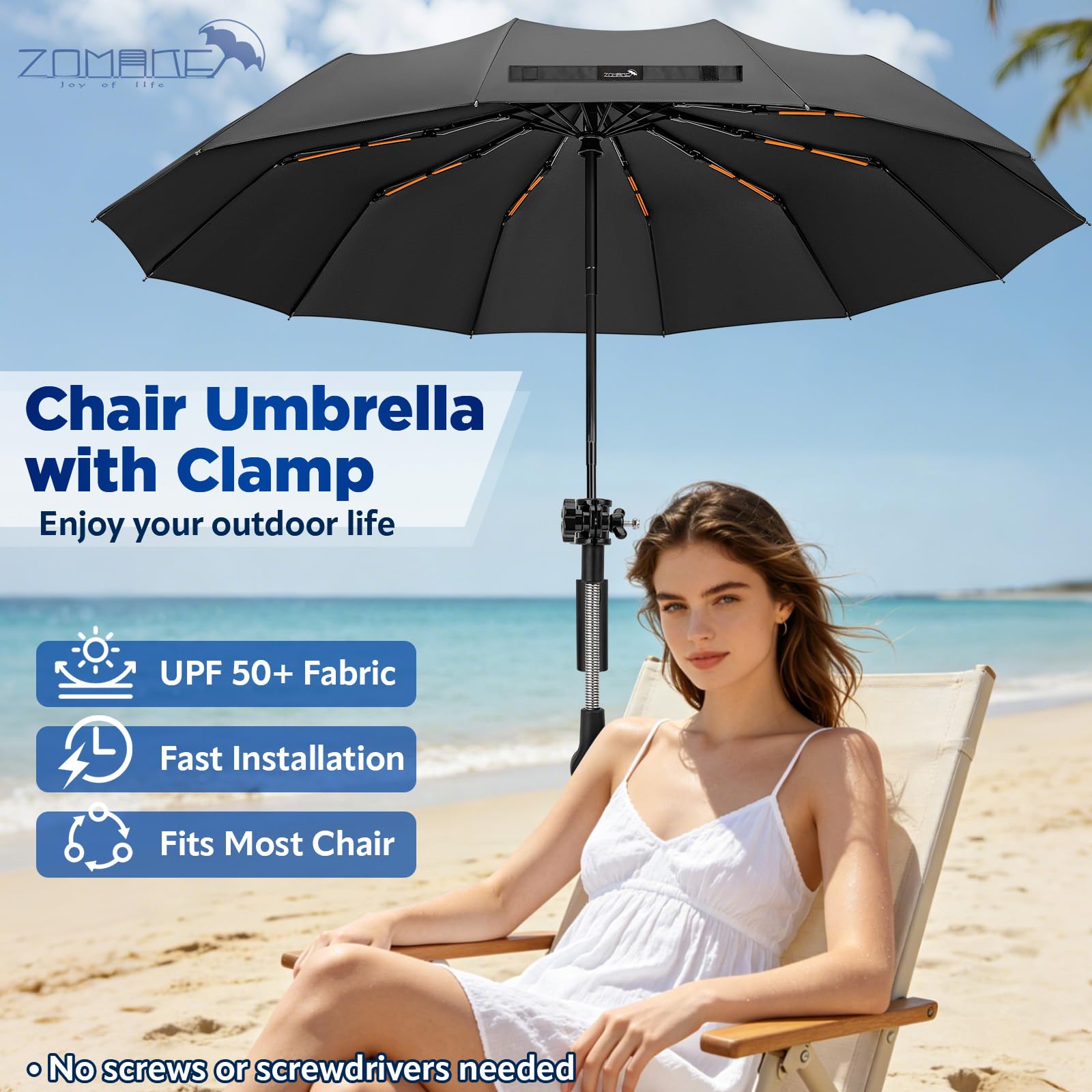 ZOMAKE Ombrellone per Sedia con Morsetto Clip, Parasole per Sdraio Mare, Ombrello per Sedia da Spiaggia