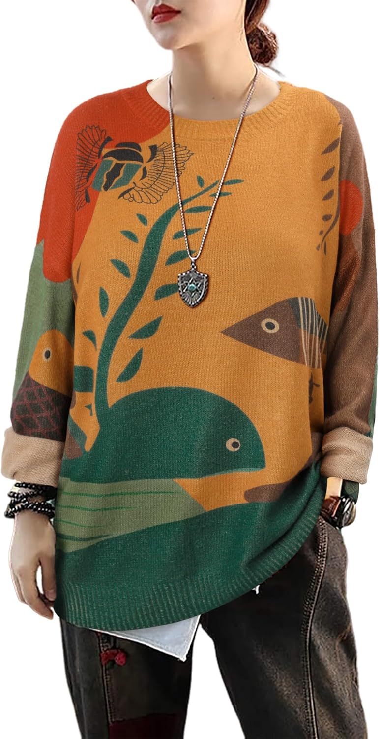 CRAZY GRID Women Knitt Pullover Sweaters Winter Patterned Oversized Long Sleeve Graphic Print Jumper Tops