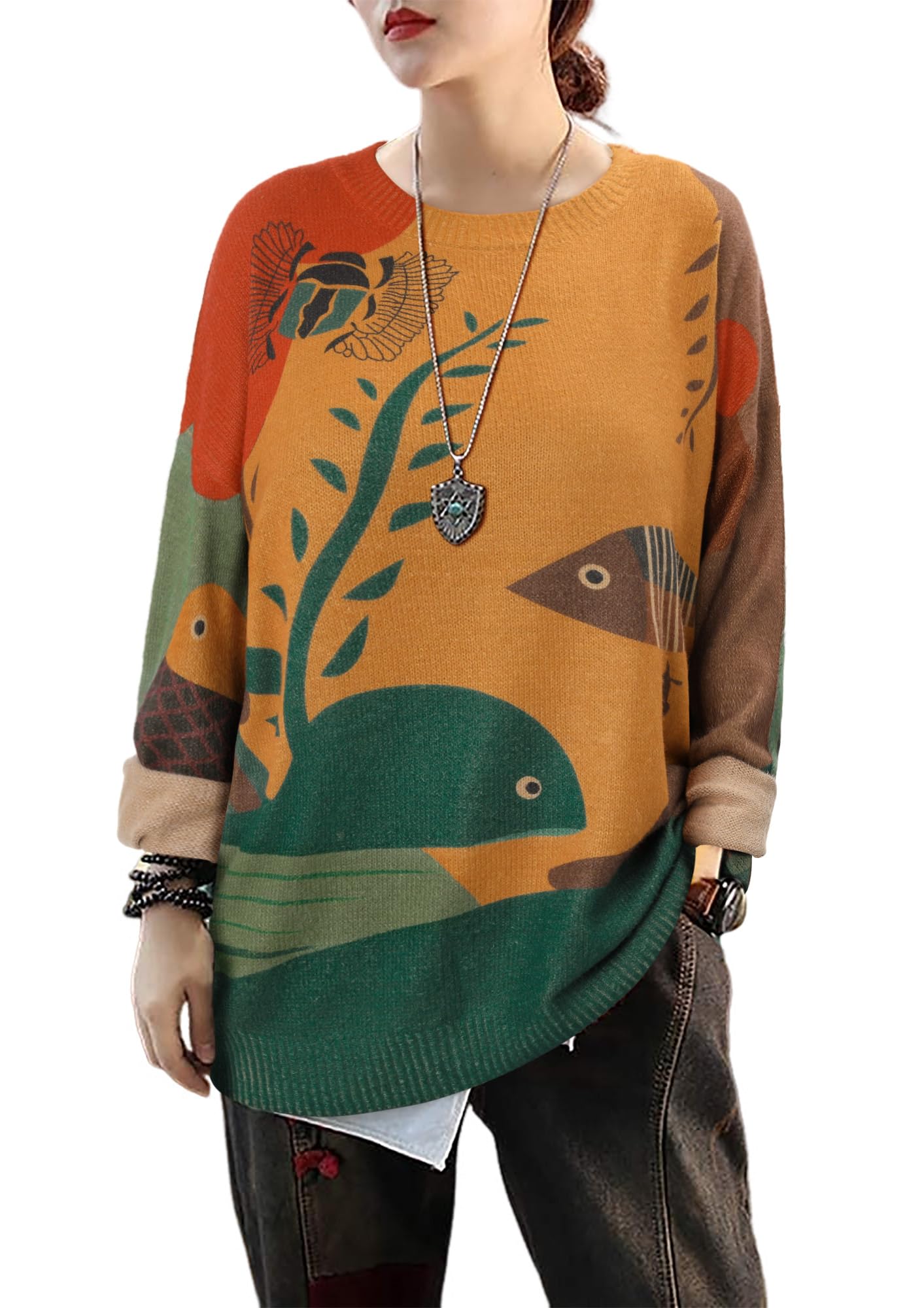 CRAZY GRID Women Knitt Pullover Sweaters Winter Patterned Oversized Long Sleeve Graphic Print Jumper Tops