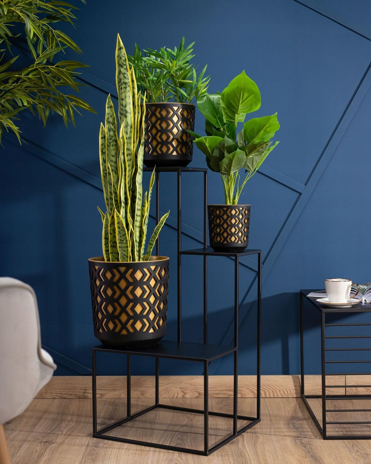 Supporto per fiori per 3 fiori, 85 cm, nero, in metallo, per piante, per piante e fiori, decorazione industriale