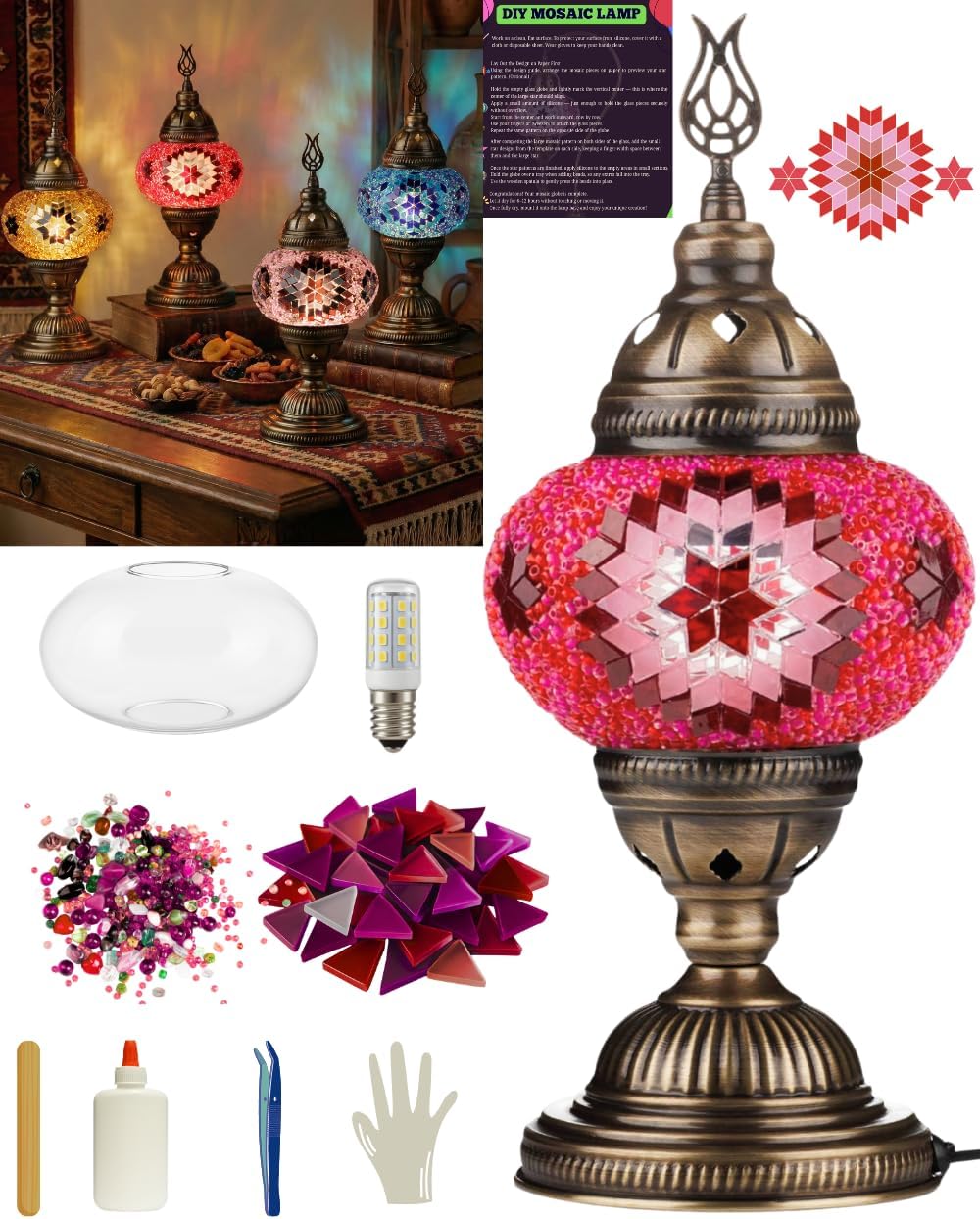 DEMMEX DIY Turkish Moroccan Mosaic Lamp Making Kit – No Grout Needed – Fun, Easy, No Experience Required – Complete Mosaic Art & Craft Project for Adults & Teens – Make Your Own Table Lamp