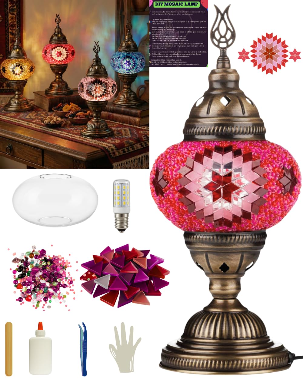 DEMMEX Farbe Wählbar – DIY Mosaik-Tischlampe Bastelset – Türkisch-Marokkanischer Stil – Gestalten Sie Ihre eigene Lampe mit Glassteinen & Werkzeug, Kein Verfugen nötig