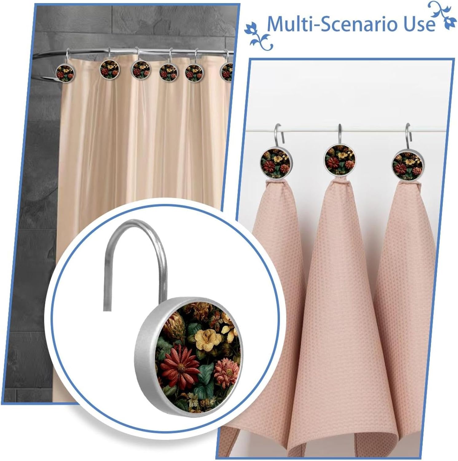 Set of 12 Vintage Plants Flower (1) Shower Curtain Hooks, Stainless Steel Rust-Resistant Decorative Hanger Rings