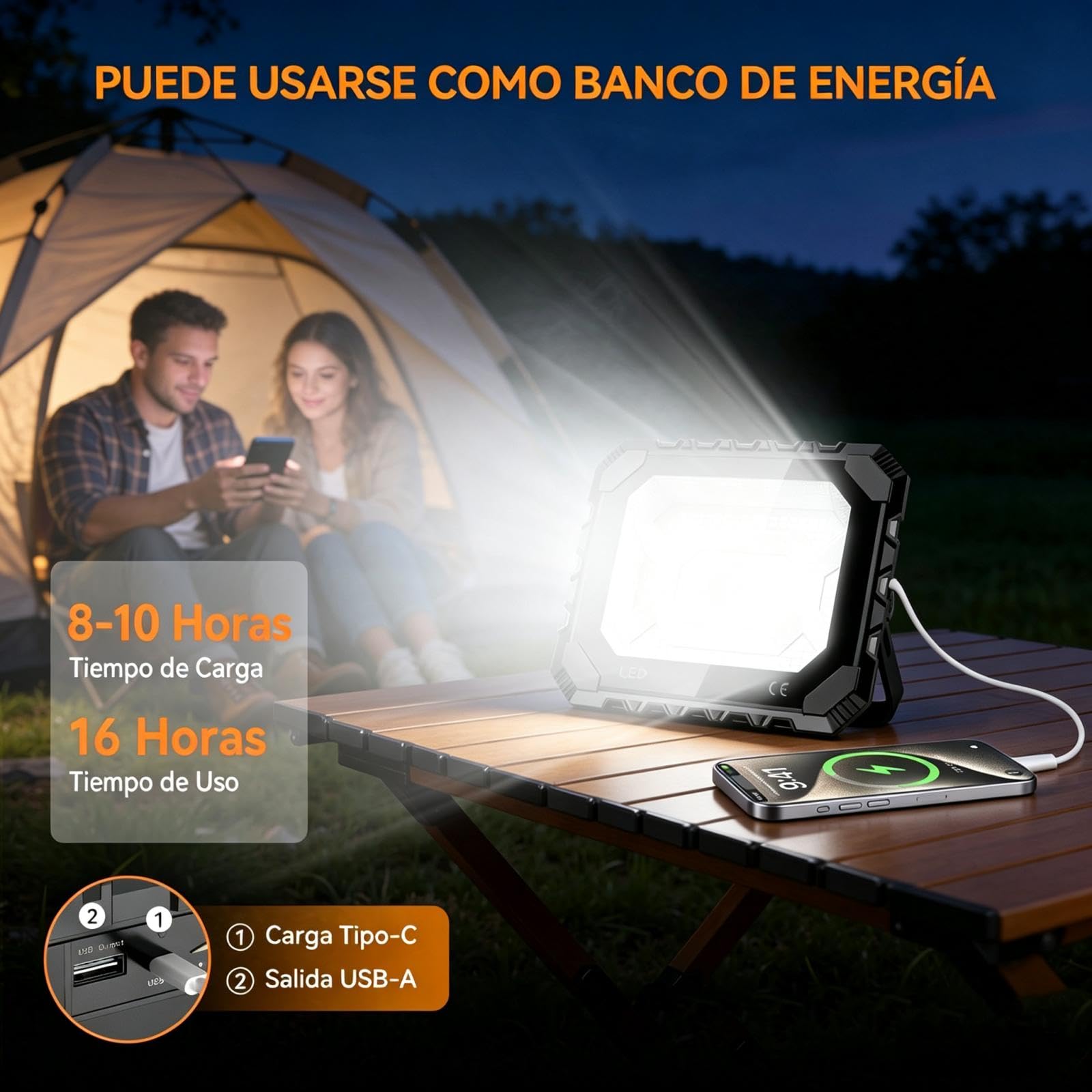 150W Foco LED Recargable Solar, 5 Modos Luz de Trabajo Portátil USB 16000 lm, Foco LED Bateria 16000 mAh, IP66 Impermeable foco solar portatil Magnética para Camping, Trabajo, Pesca, Emergencia