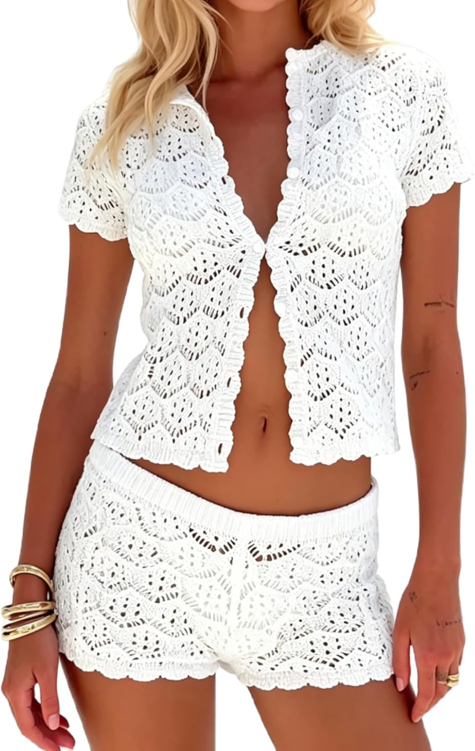 MakeMeChic Women's Crochet 2 Piece Sets Boho Tops Mini Shorts Swimsuit Coverup Beach Vacation Outfits