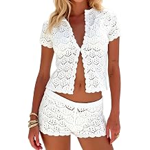 MakeMeChic Womens 2 Piece Sets Crochet Beach Cover Ups Boho Tops Mini Shorts Set Vacation Outfits