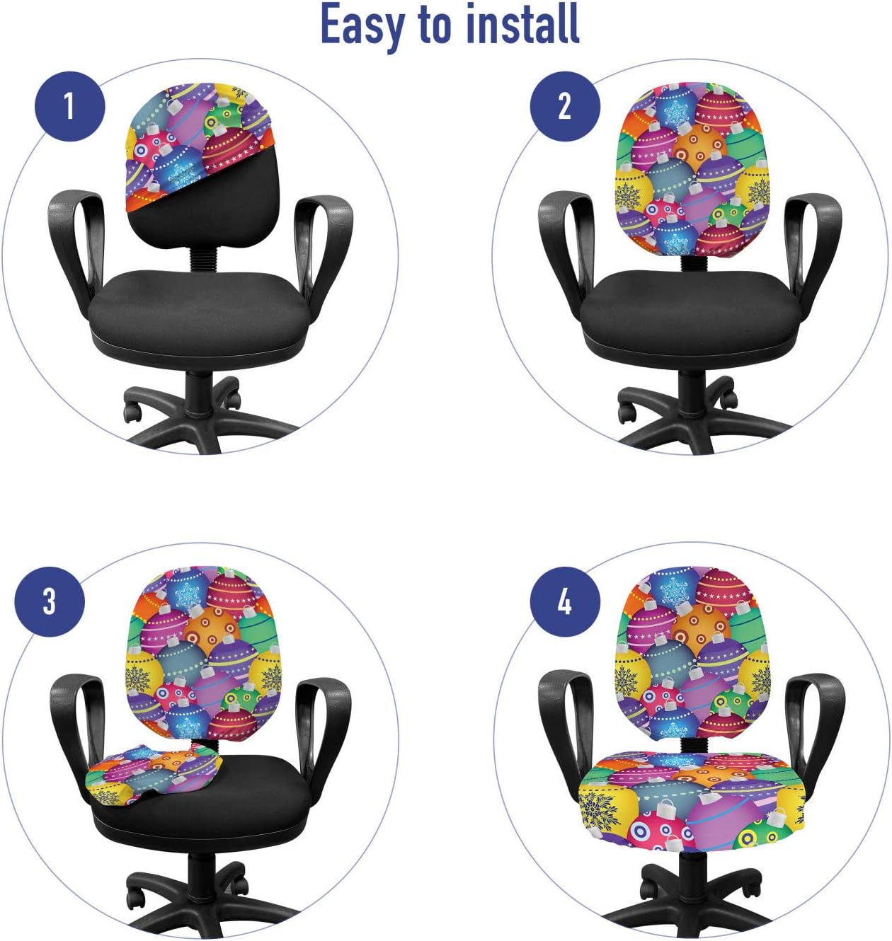 Ambesonne Christmas Office Chair Slipcover, Colorful Christmas Balls Different Retro Patterns Holiday Celebration Theme Print, Protective Stretch Decorative Fabric Cover, Blue Grey Purple Yellow