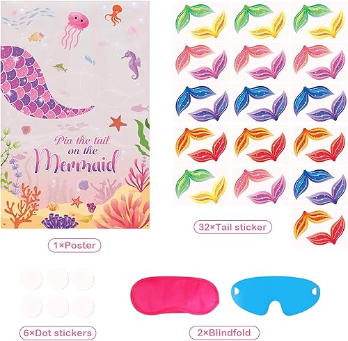 Miniatura 6 de Atiloy Juego de fiesta de Pin The Tail on The Mermaid con 32 calcomanías de cola reutilizables, recuerdos de fiesta de sirena para niñas,