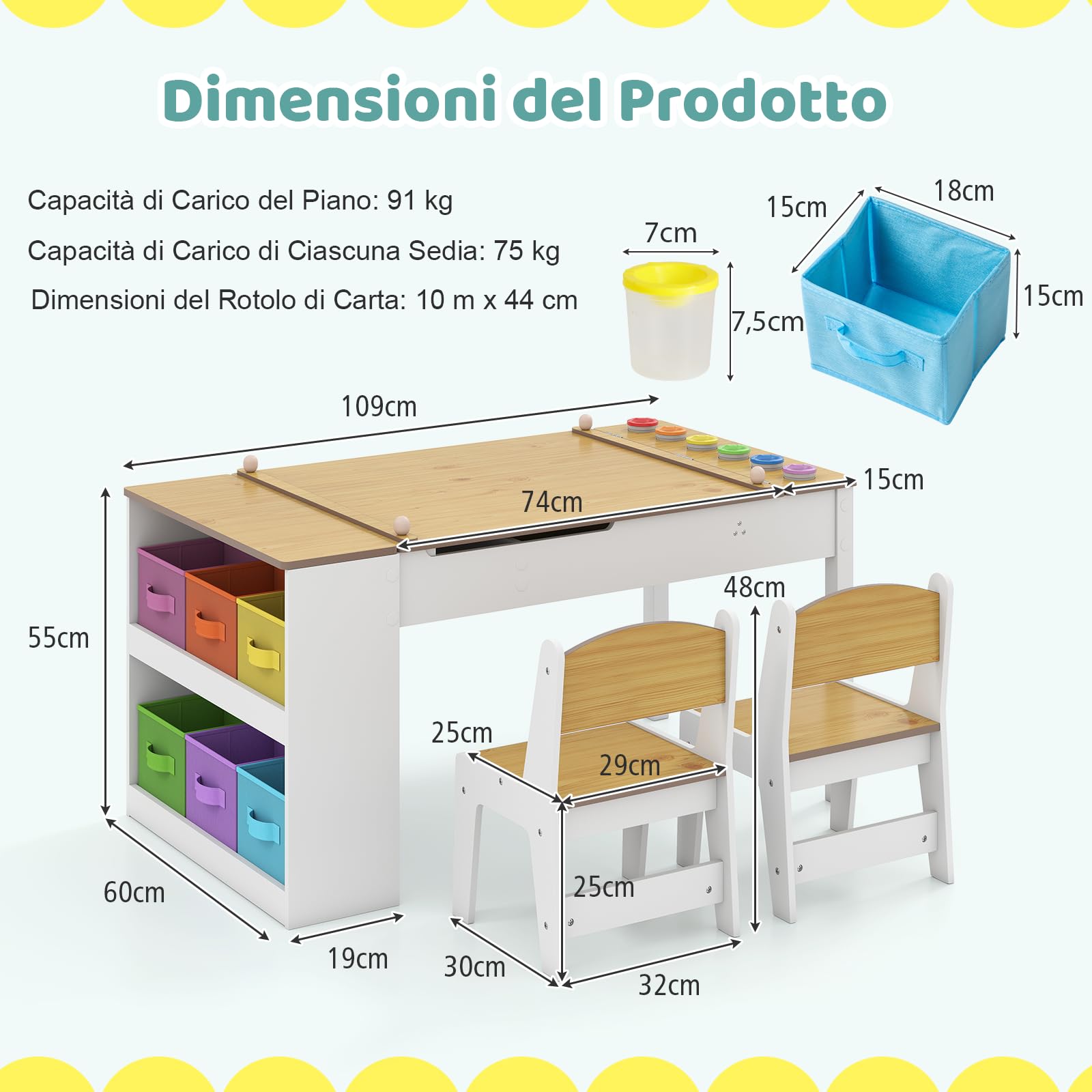 COSTWAY Set Tavolo da Disegno e Cavalletto per Bambini 3+ Anni con 2 Sedie, Tavolo Multifunzione in Legno con Piano Sollevabile, Rotolo di Carta, 6 Bicchieri di Vernice (Naturale)
