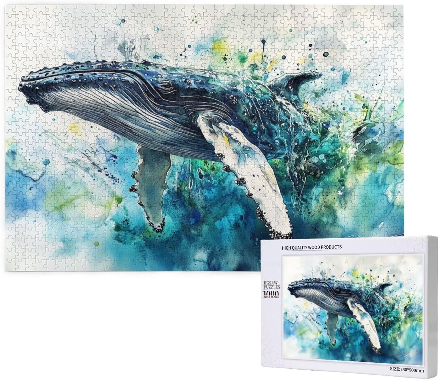 Majestic Whale Gliding Through Watercolor Waves, 1000 Piece Wooden Jigsaw Puzzle for Adults, Textured Skin Patterns Swimming in Depths, Exploratory Hobbies and Challenges