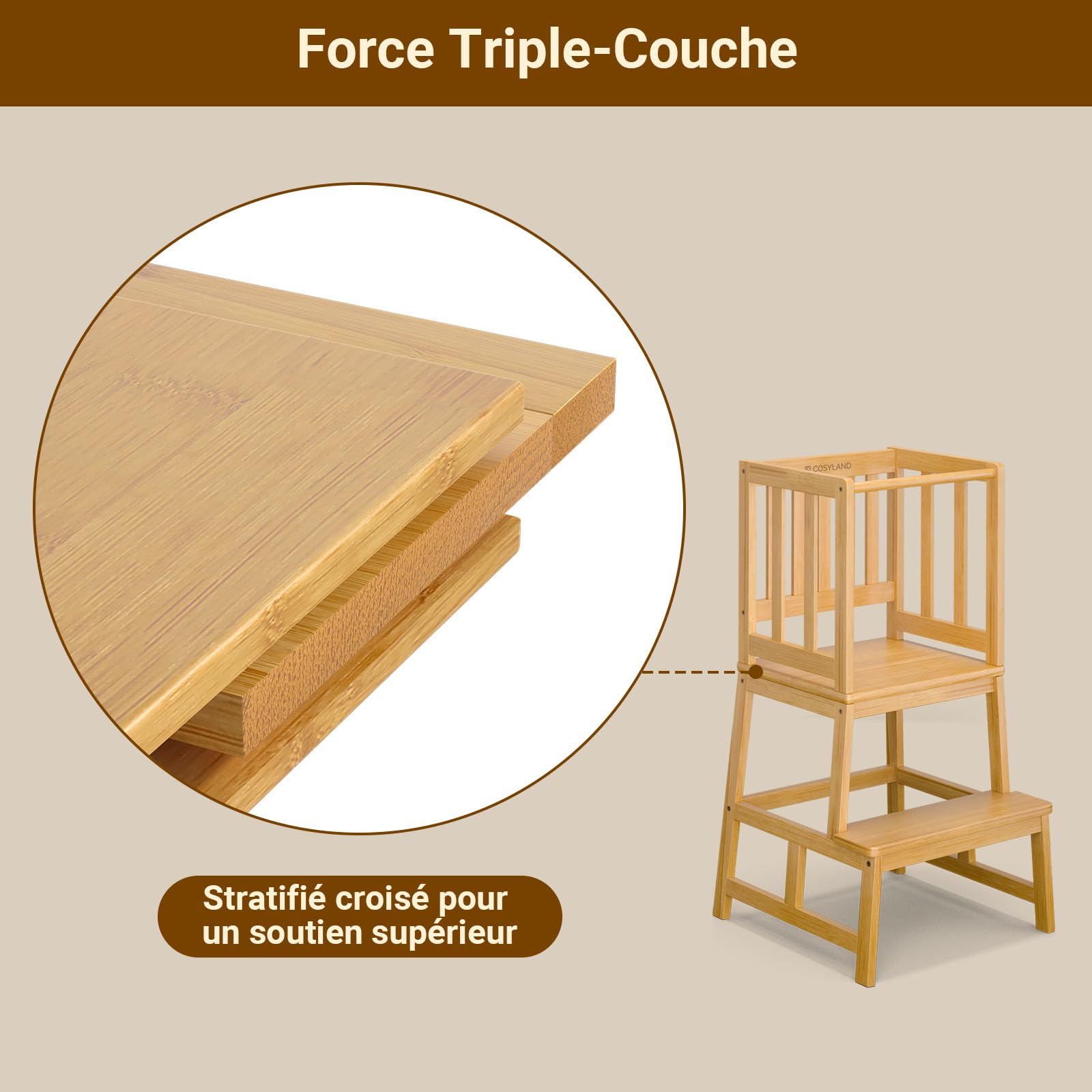 COSYLAND Tour d’Apprentissage Montessori pour Enfants, Sûre et Stable, Learning Tower Couleur Naturelle