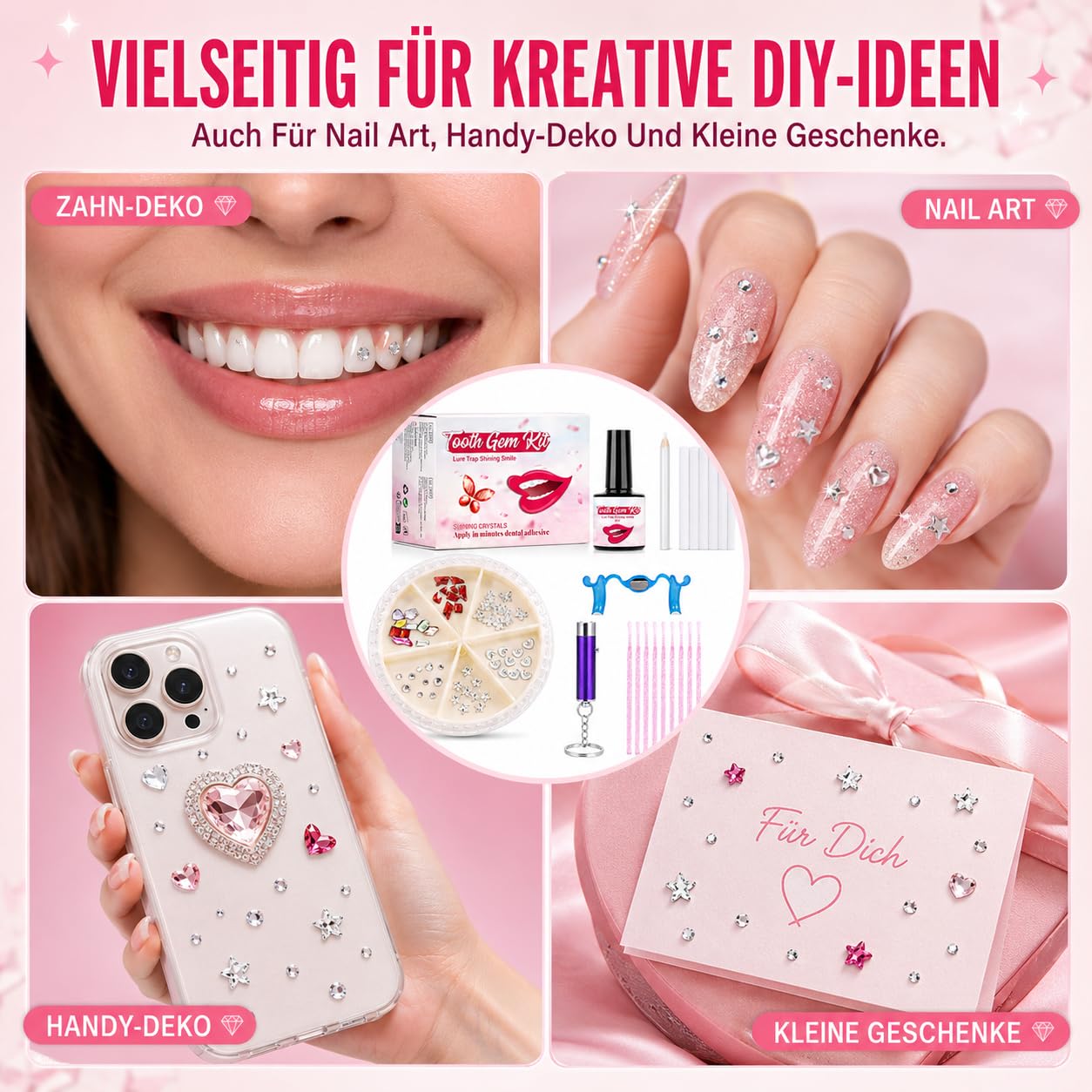 Tooth Gem Kit Komplett-Set, 120 Funkelnde Zahnschmuck Steine mit UV-Lampe & Kleber, DIY Zahnschmuck Set Für Zuhause, Auch für Nagelkunst & Handy Deko, für Party Cosplay, Geschenkidee für Frauen (Rosa)